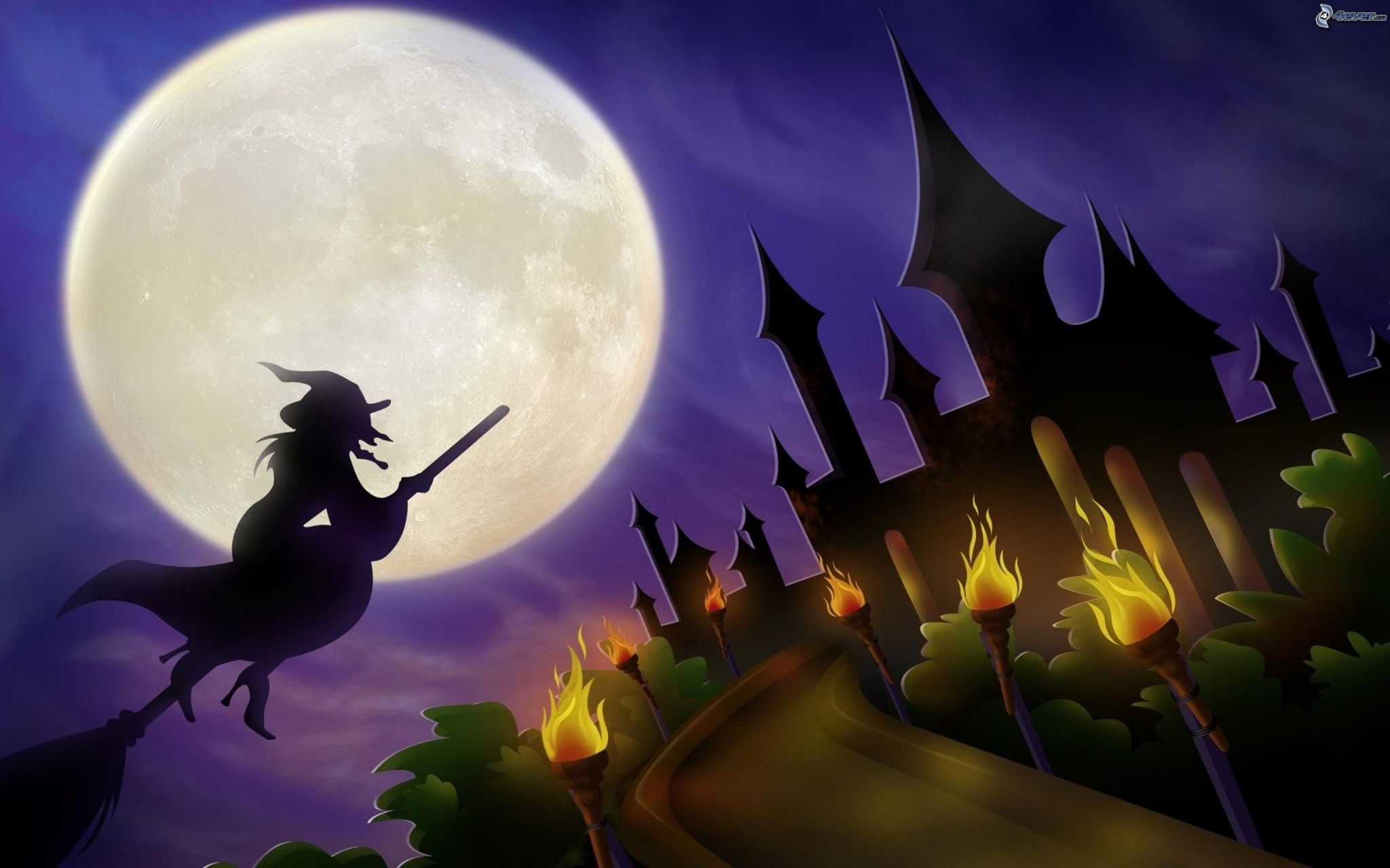 Halloween Witch Flying by Full Moon and Castle HD Wallpaper