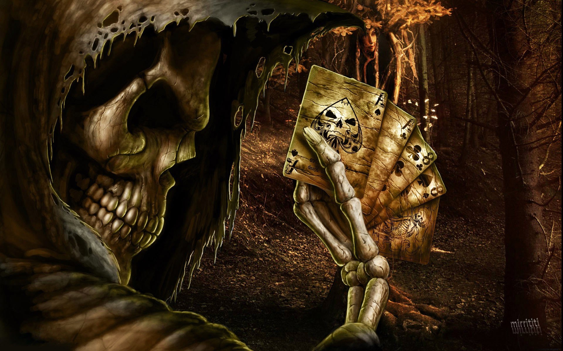 Grim Reaper holding playing cards in a dark forest HD Wallpaper