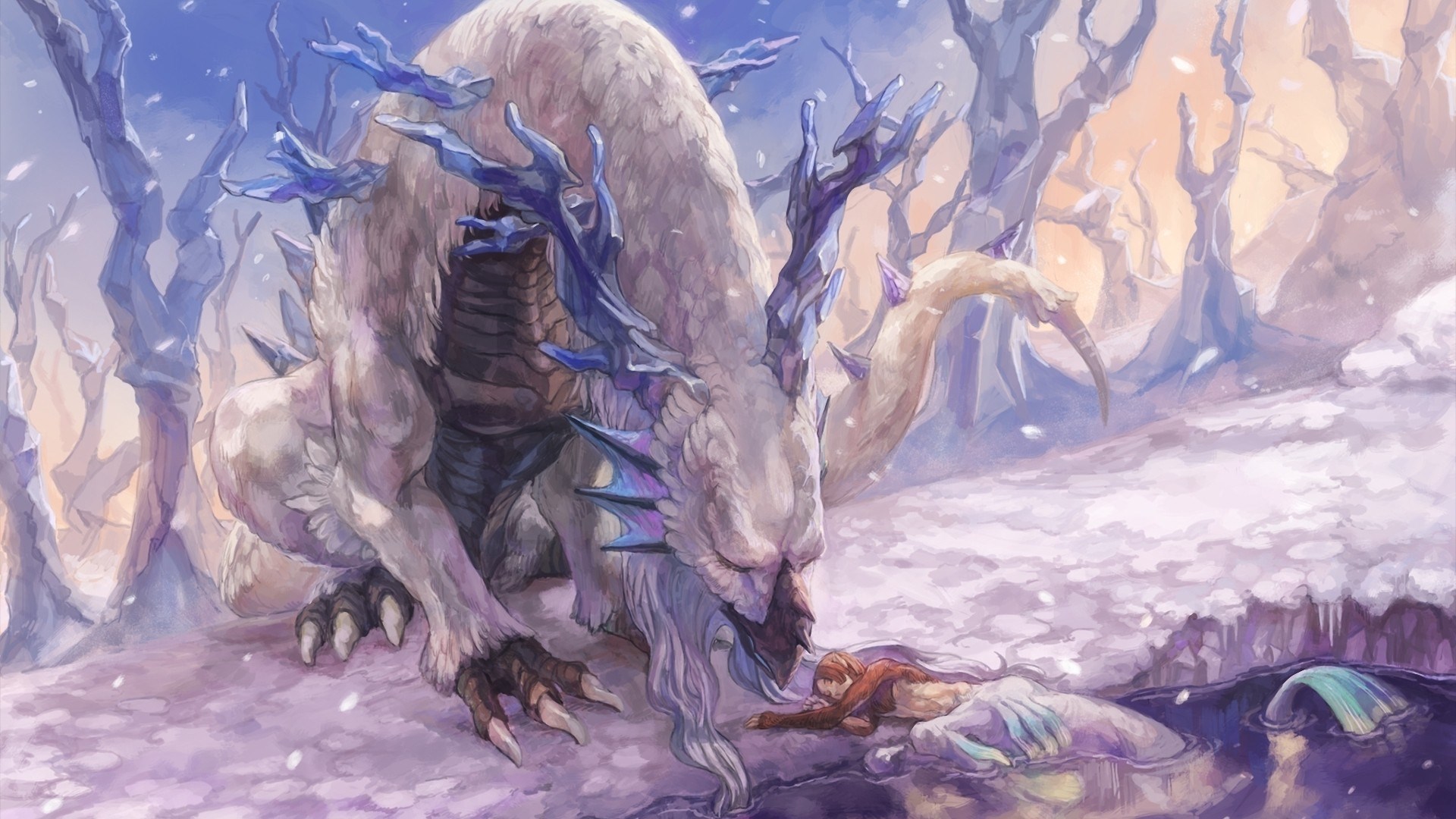 A large white dragon with blue ice antlers rests near a girl in a snowy forest. HD Wallpaper