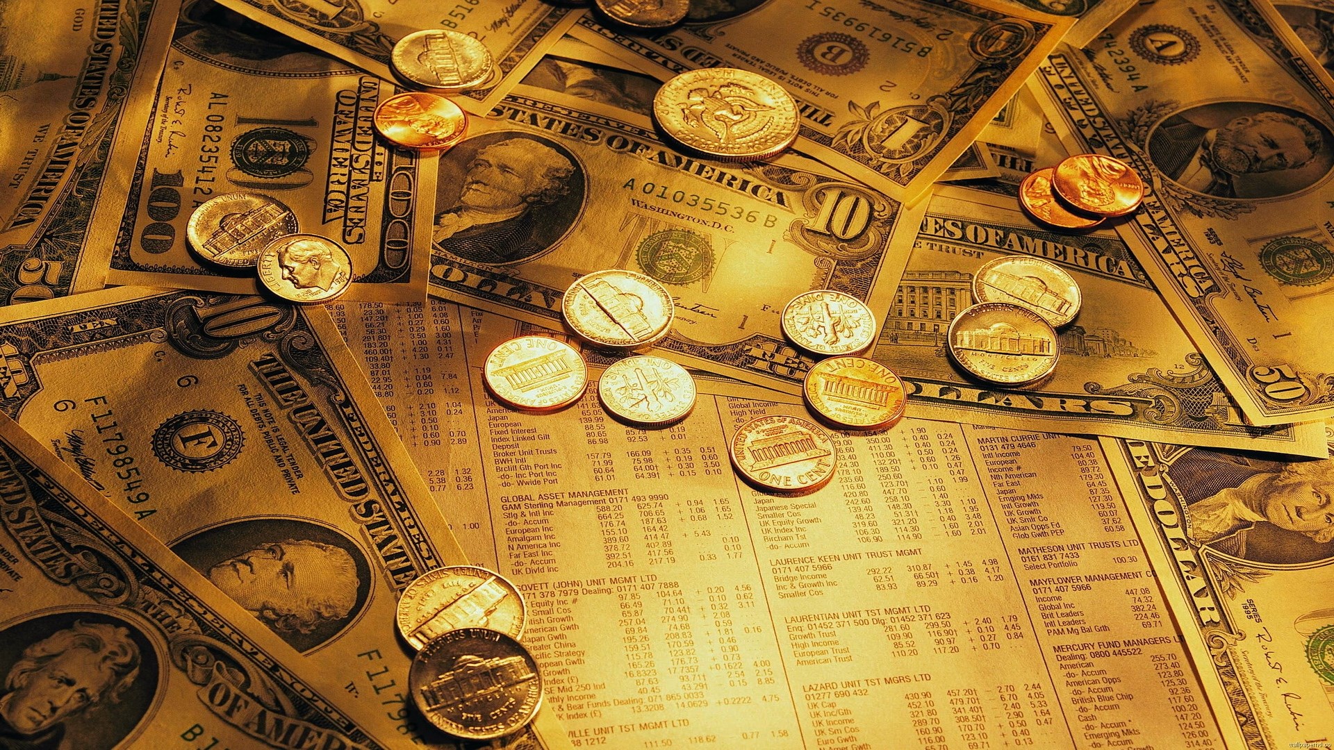 US Dollar Bills and Coins on Financial Newspaper HD Wallpaper