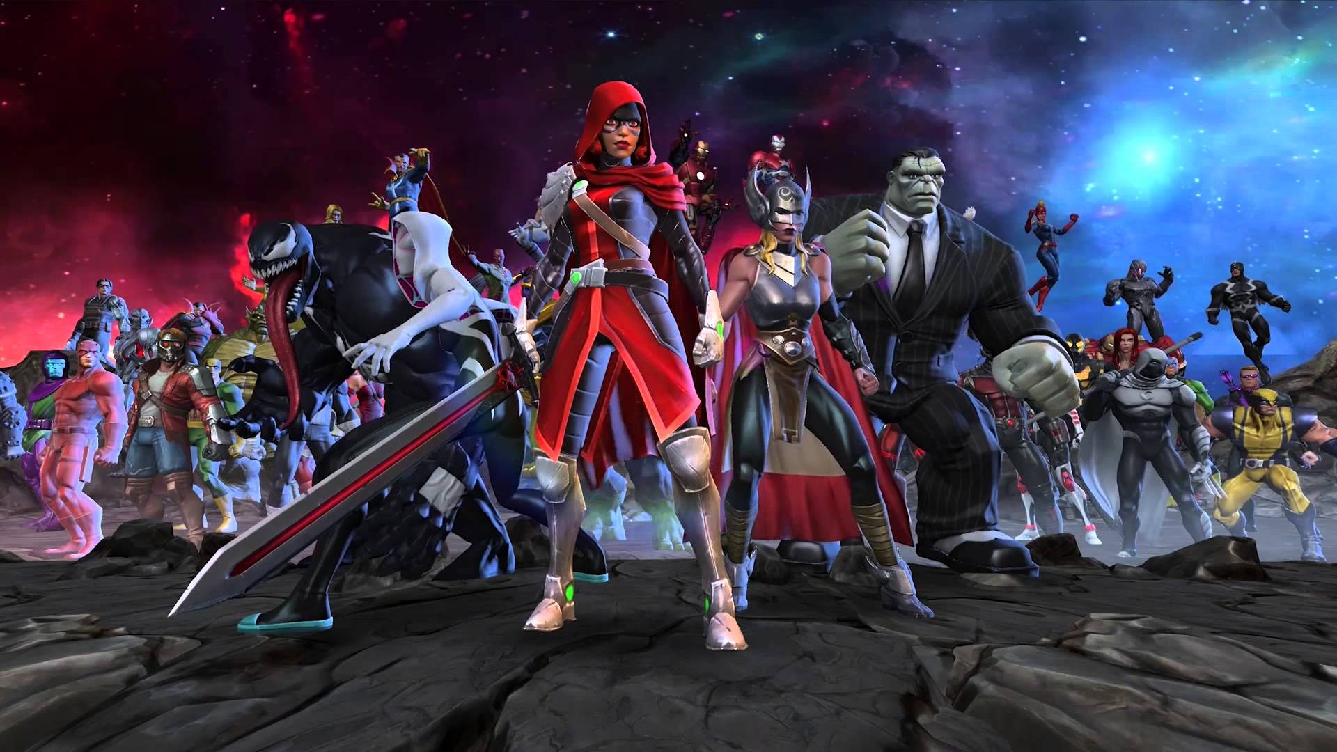 Marvel characters including Venom, Hulk, and Thor in space HD Wallpaper