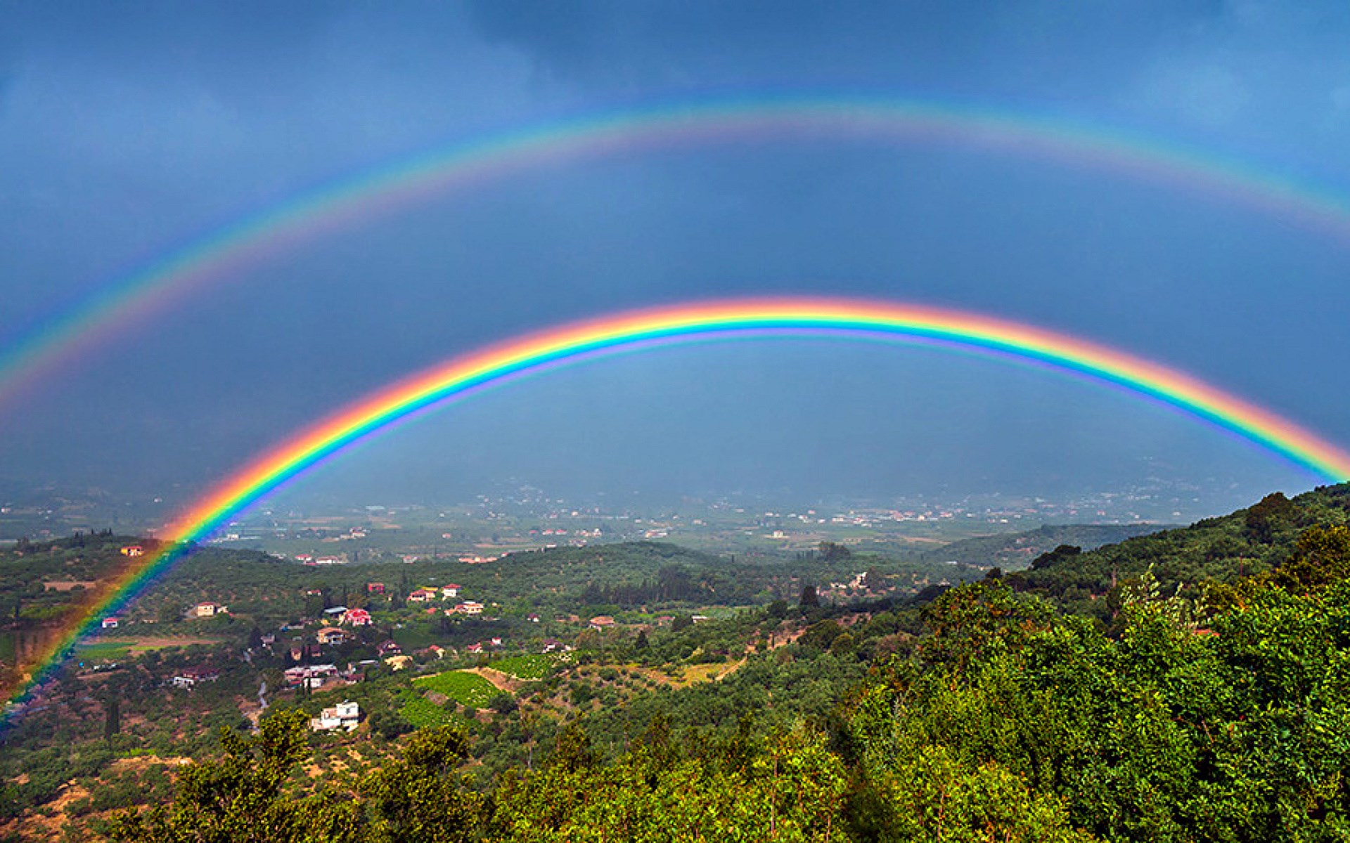 Double rainbow over green hills HD Wallpaper