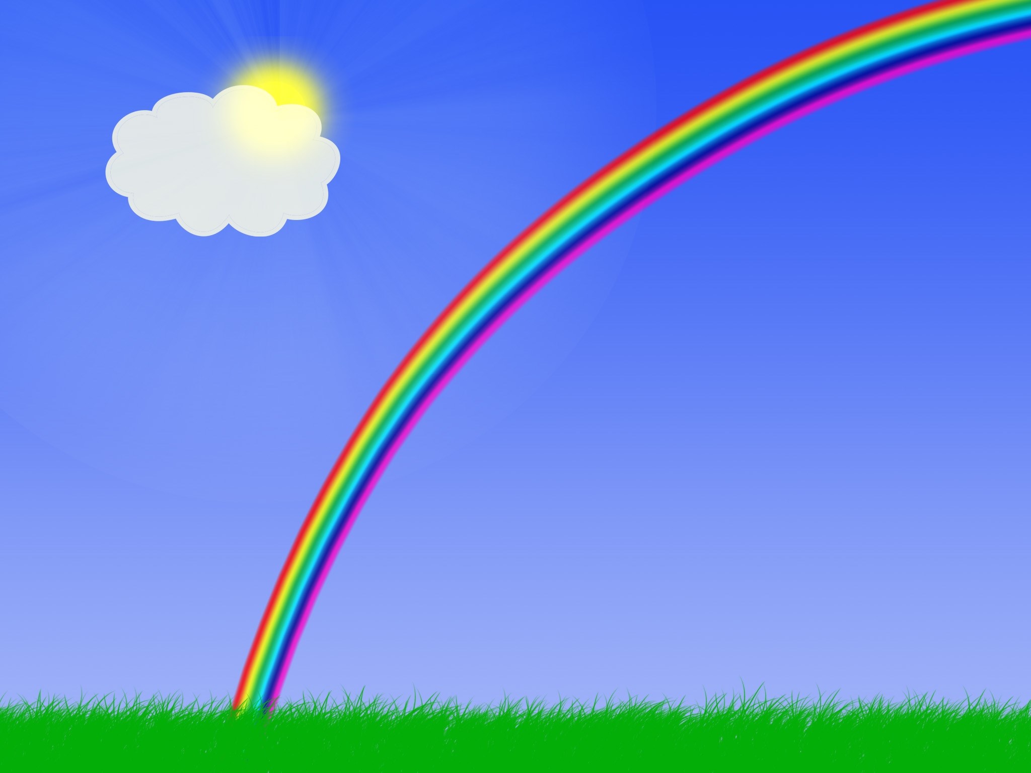 Rainbow over green grass with sun and cloud HD Wallpaper