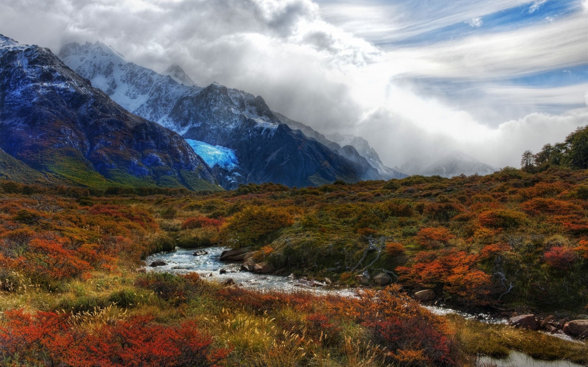 Mountain landscape with autumn foliage and a stream HD Wallpaper
