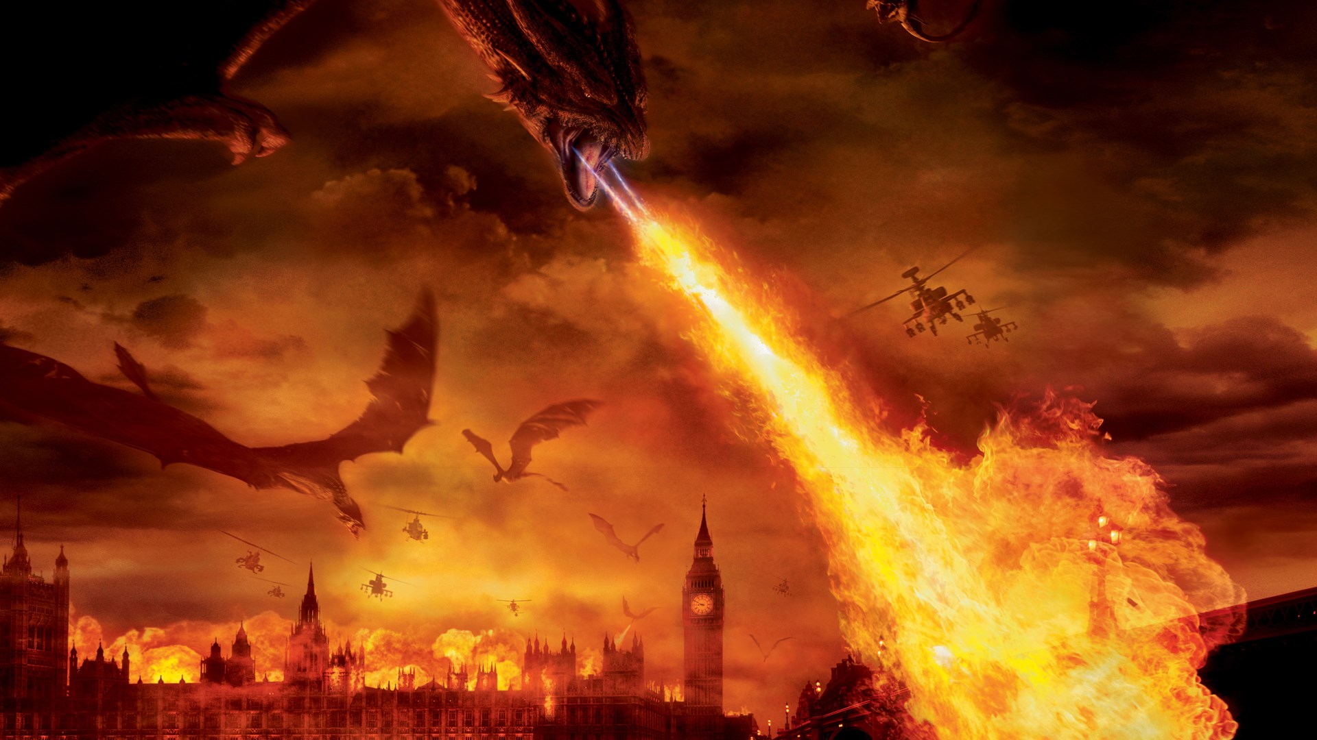 Dragons attacking London with helicopters HD Wallpaper