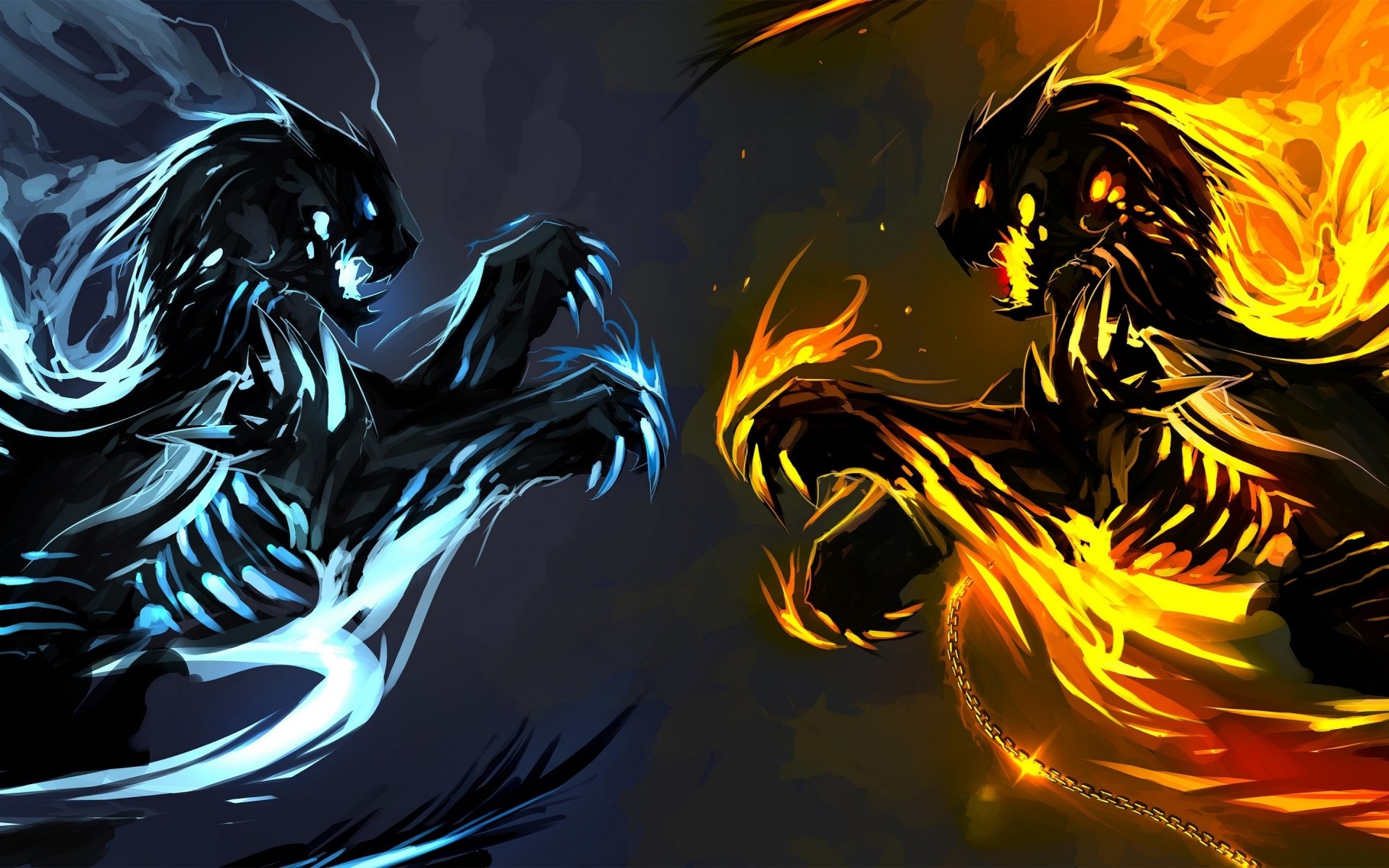Two elemental dragons, fire and ice, facing off HD Wallpaper