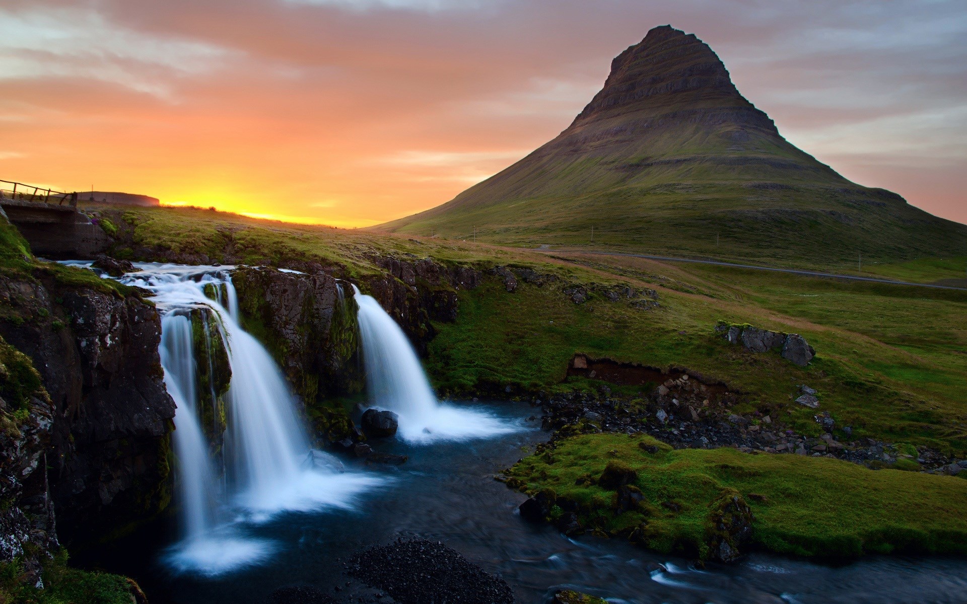 Kirkjufell Mountain and Waterfall at Sunset HD Wallpaper