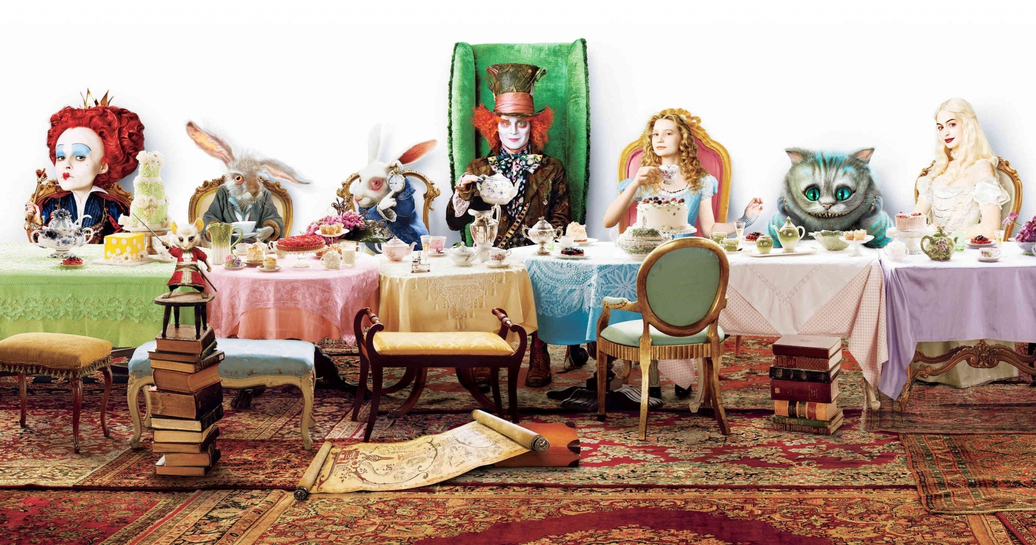 Alice in Wonderland characters at a tea party HD Wallpaper