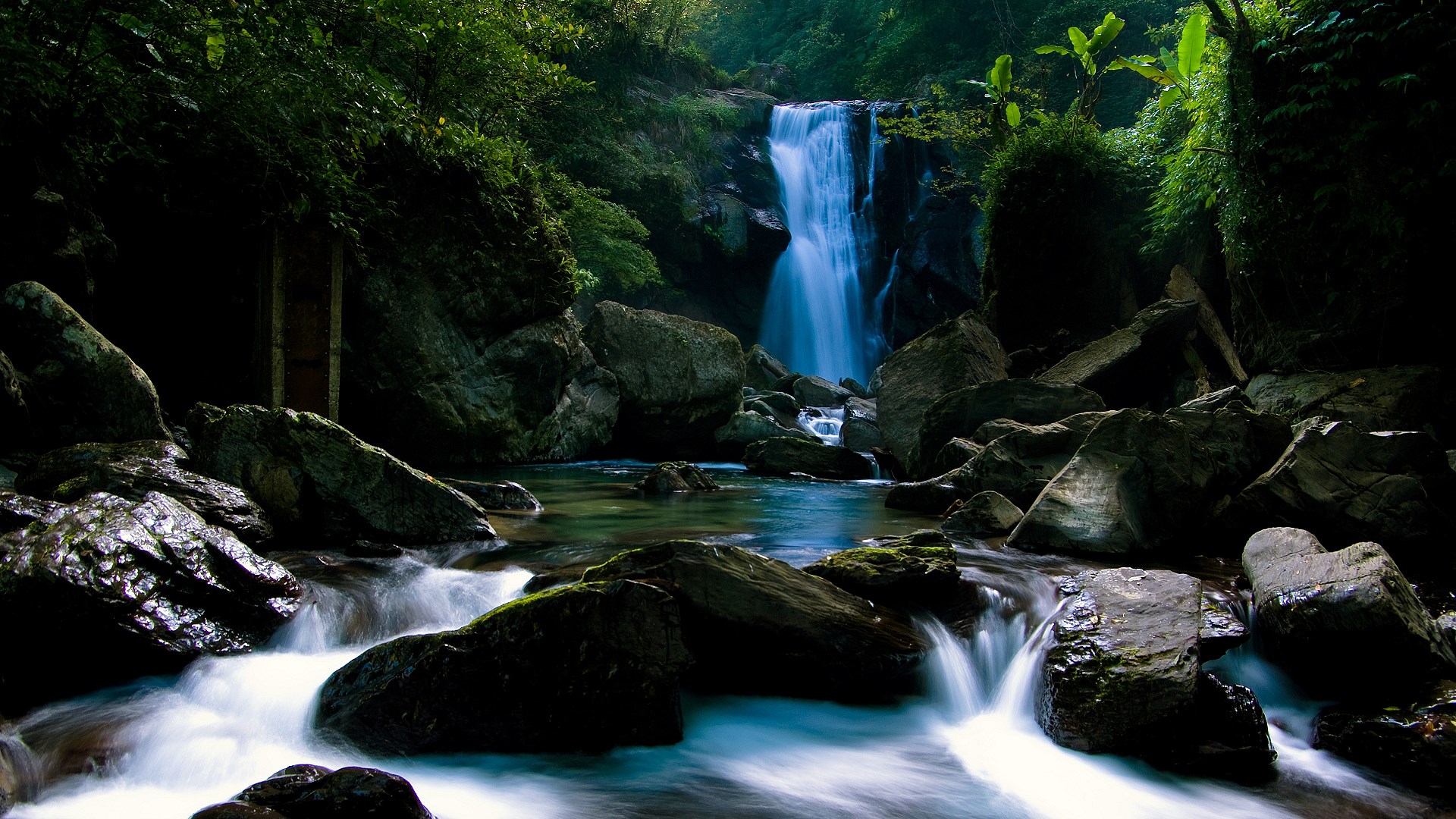 Waterfall in a lush green forest with rocks HD Wallpaper