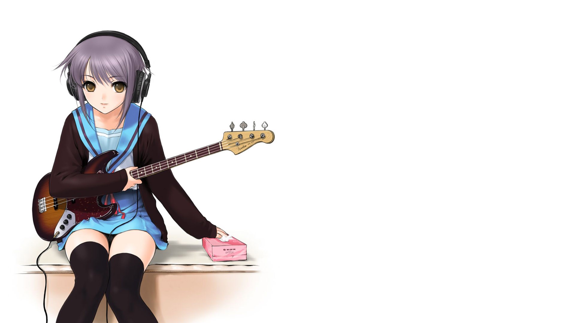Anime girl with headphones playing bass guitar HD Wallpaper