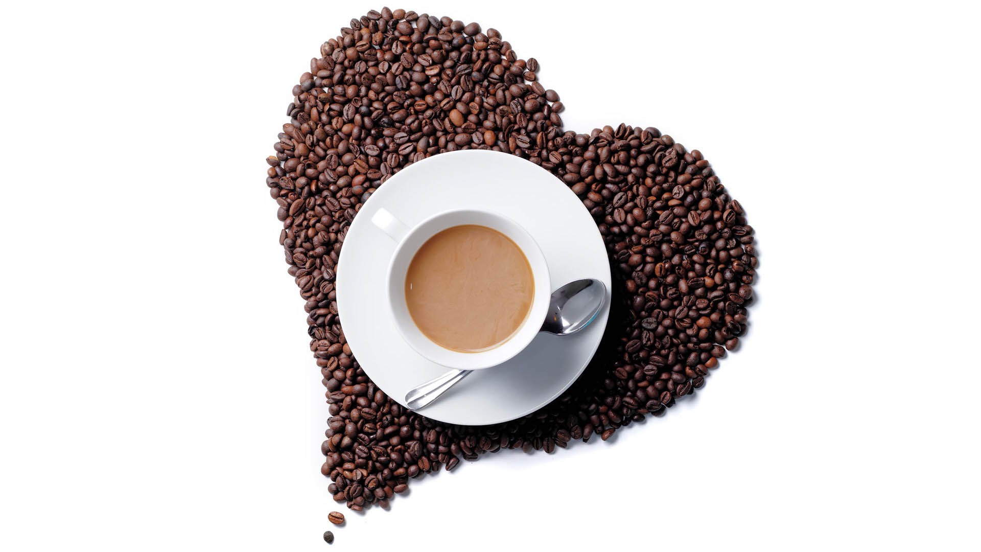 Heart shape coffee beans with cup and saucer HD Wallpaper