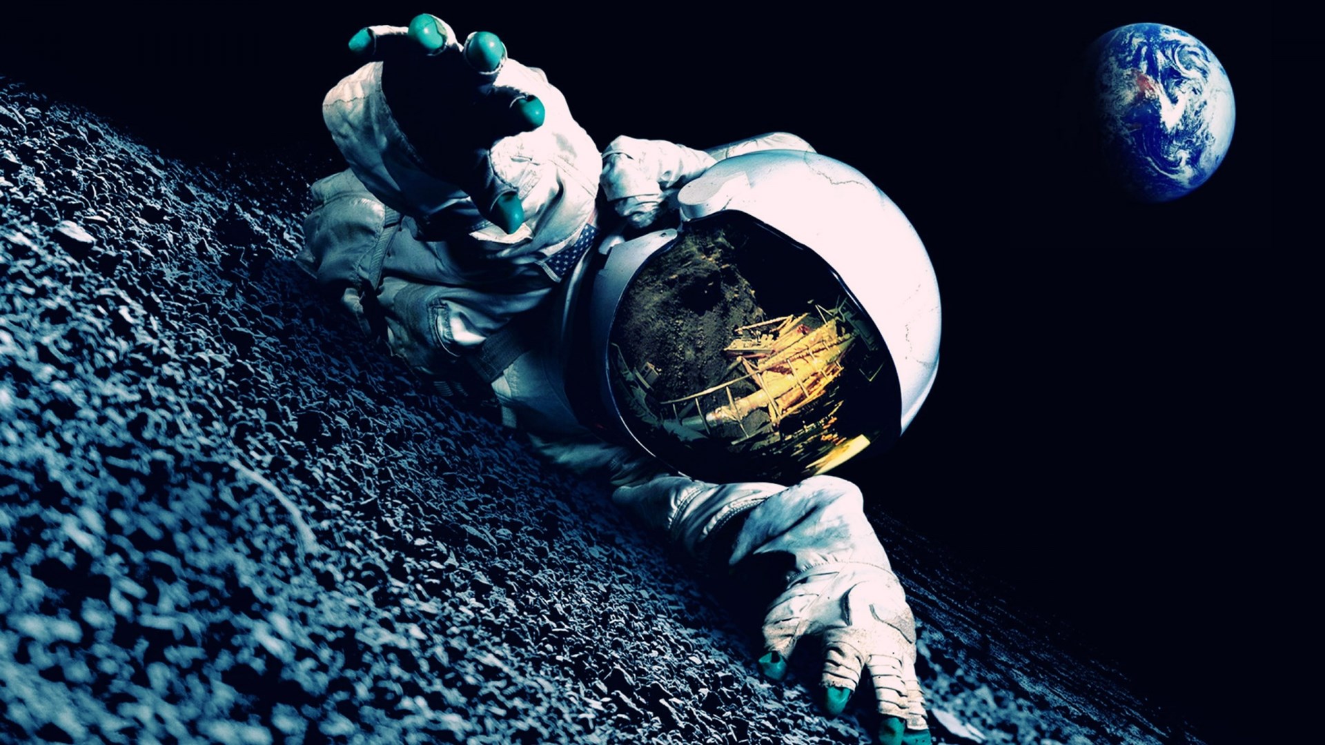 Astronaut climbing on a rocky surface with Earth in the background HD Wallpaper