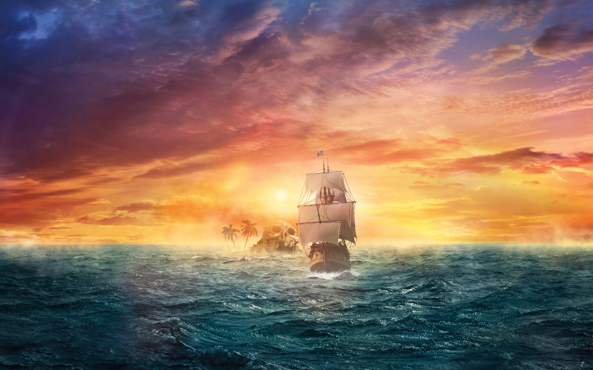 Pirate ship sailing towards a skull island at sunset HD Wallpaper