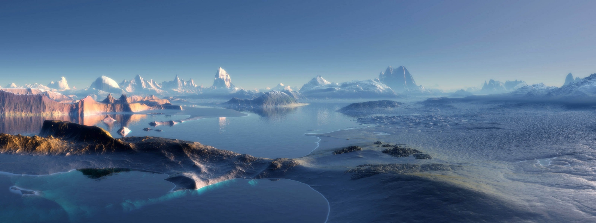 Panoramic view of a frozen alien landscape with mountains HD Wallpaper