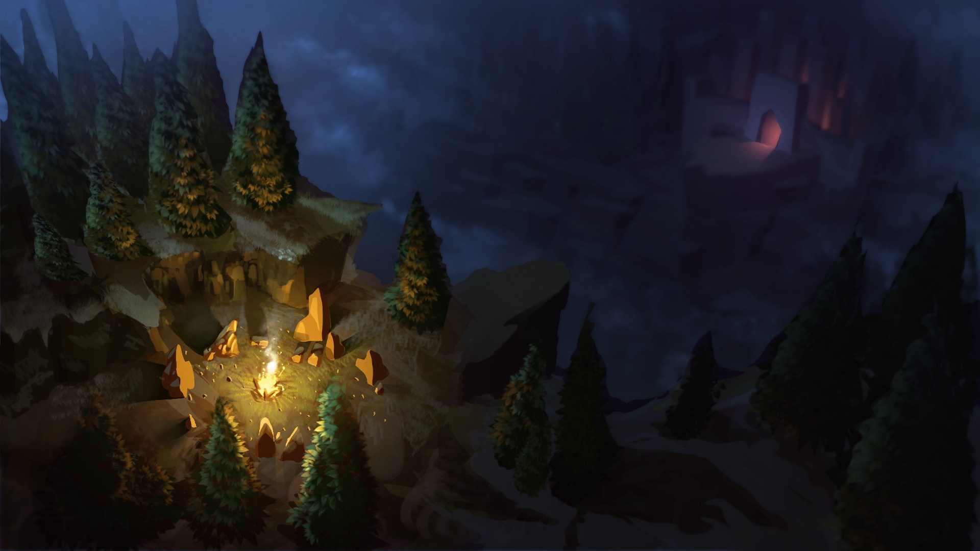 Campfire on a rocky outcrop at night HD Wallpaper
