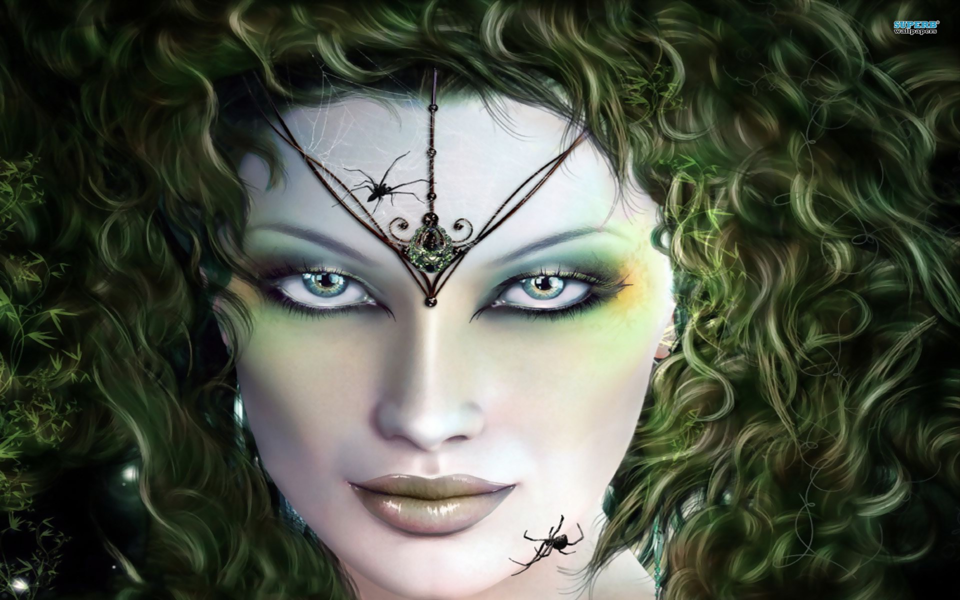 Fantasy woman with spiders and green hair HD Wallpaper
