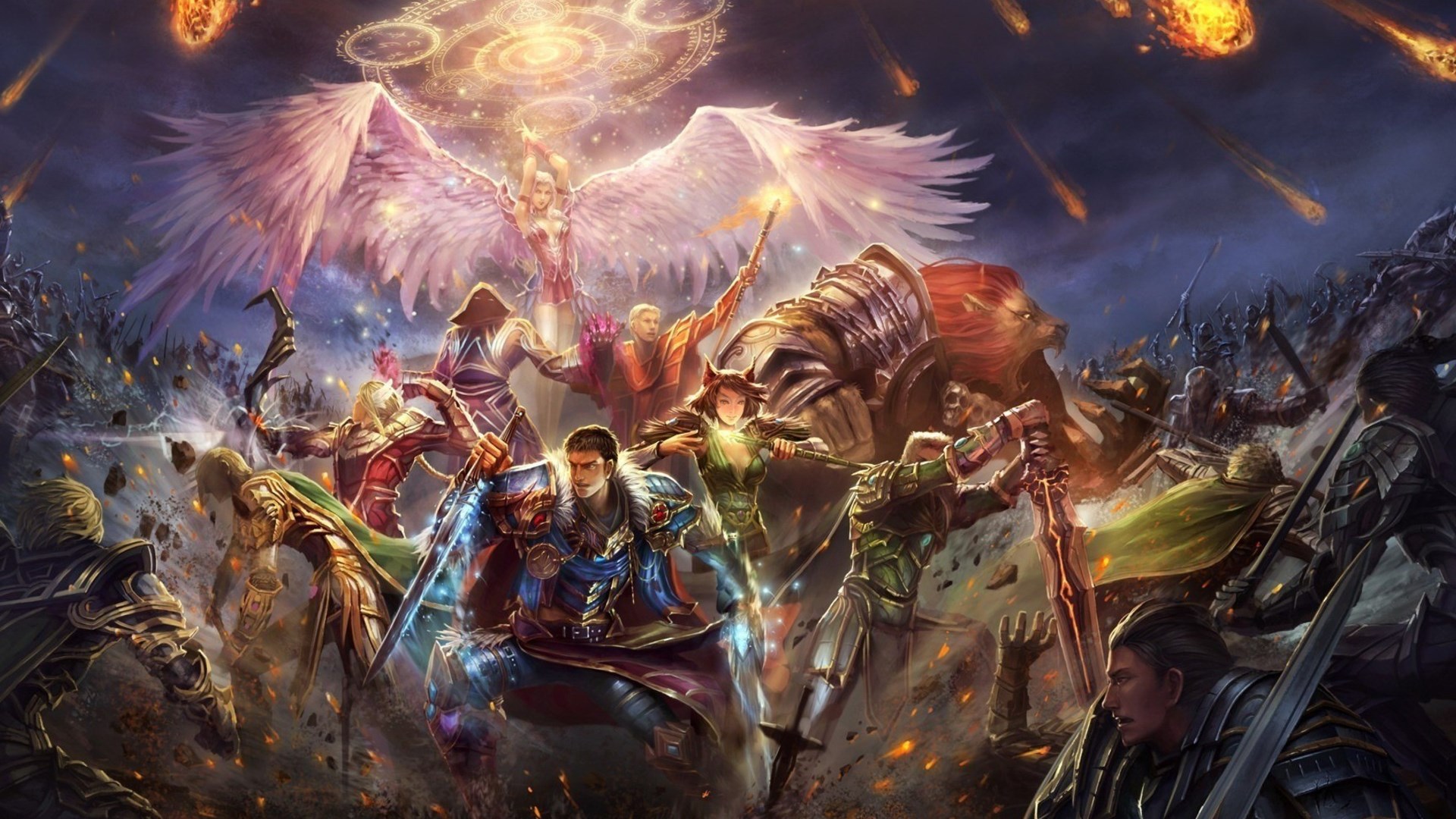 Fantasy warriors in a celestial battle with falling meteors HD Wallpaper