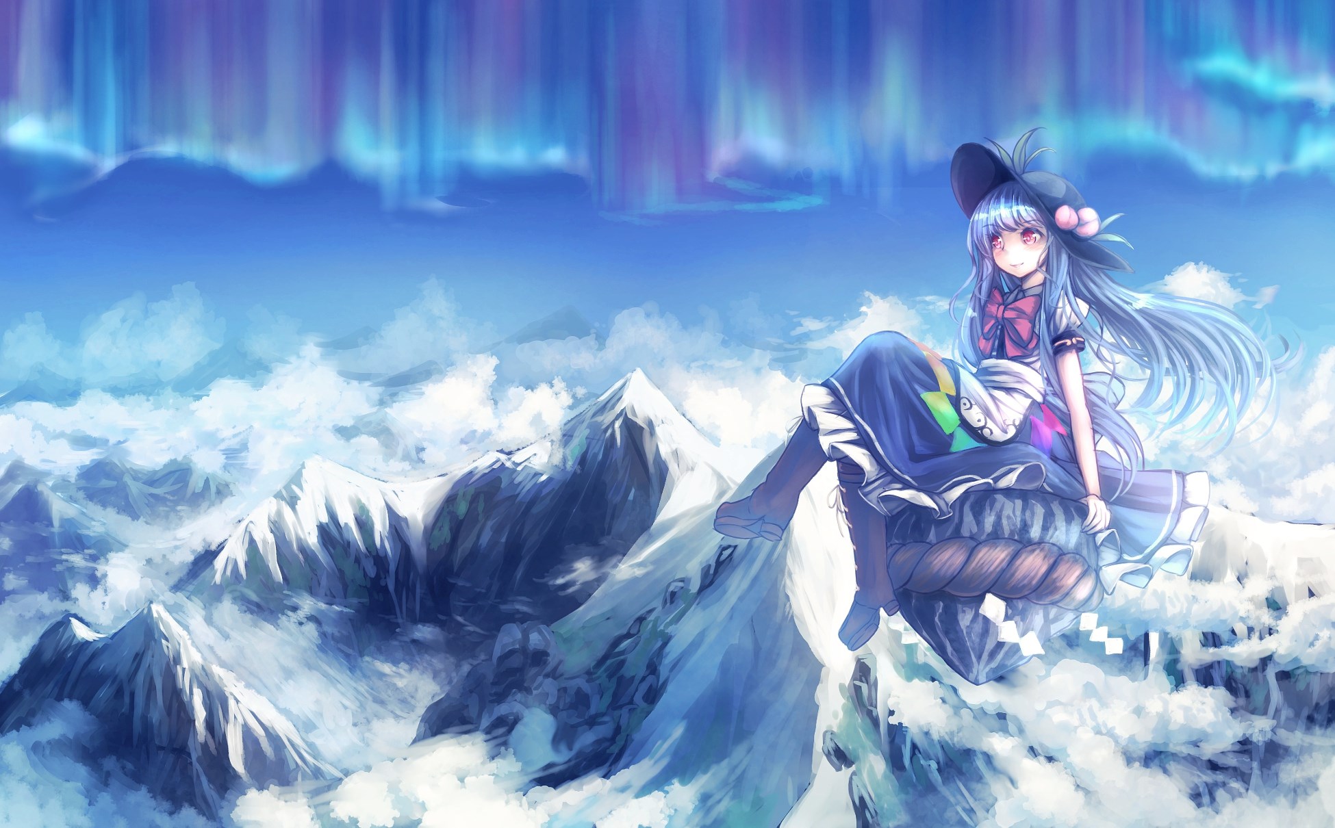 Reimu Hakurei from Touhou Project sitting on a snowy mountain HD Wallpaper