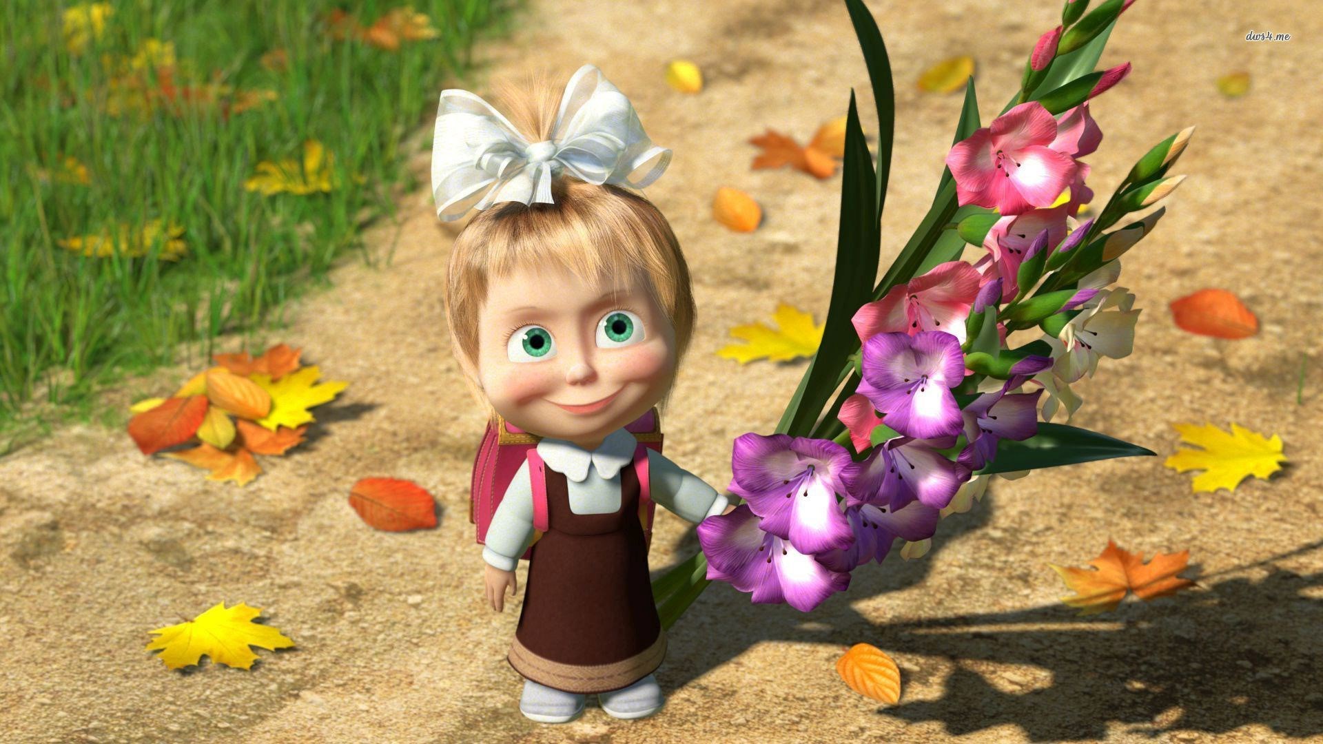 Masha Holding Colorful Flowers from Masha and the Bear HD Wallpaper
