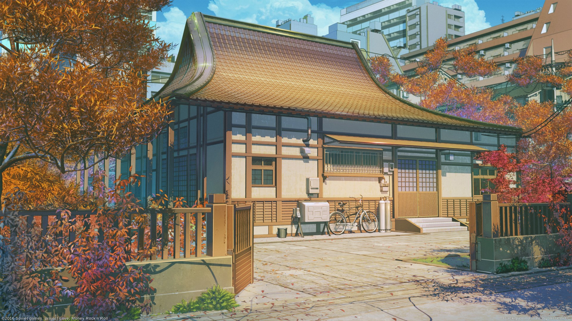 Anime house with autumn trees and buildings HD Wallpaper