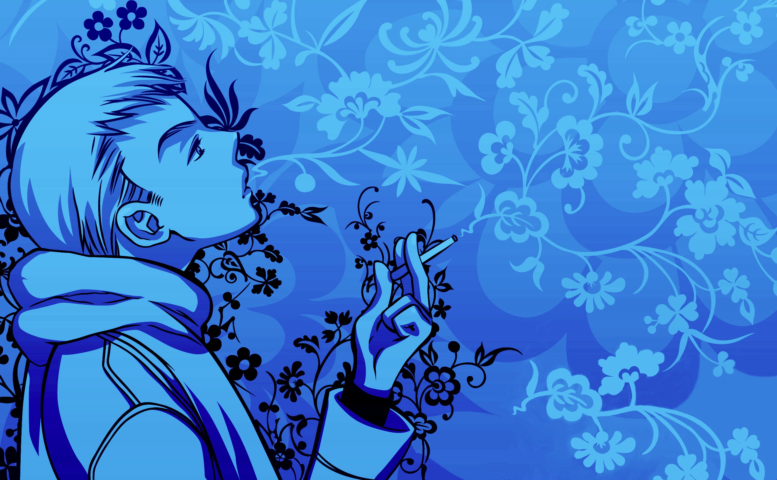 Anime style man smoking with floral background HD Wallpaper