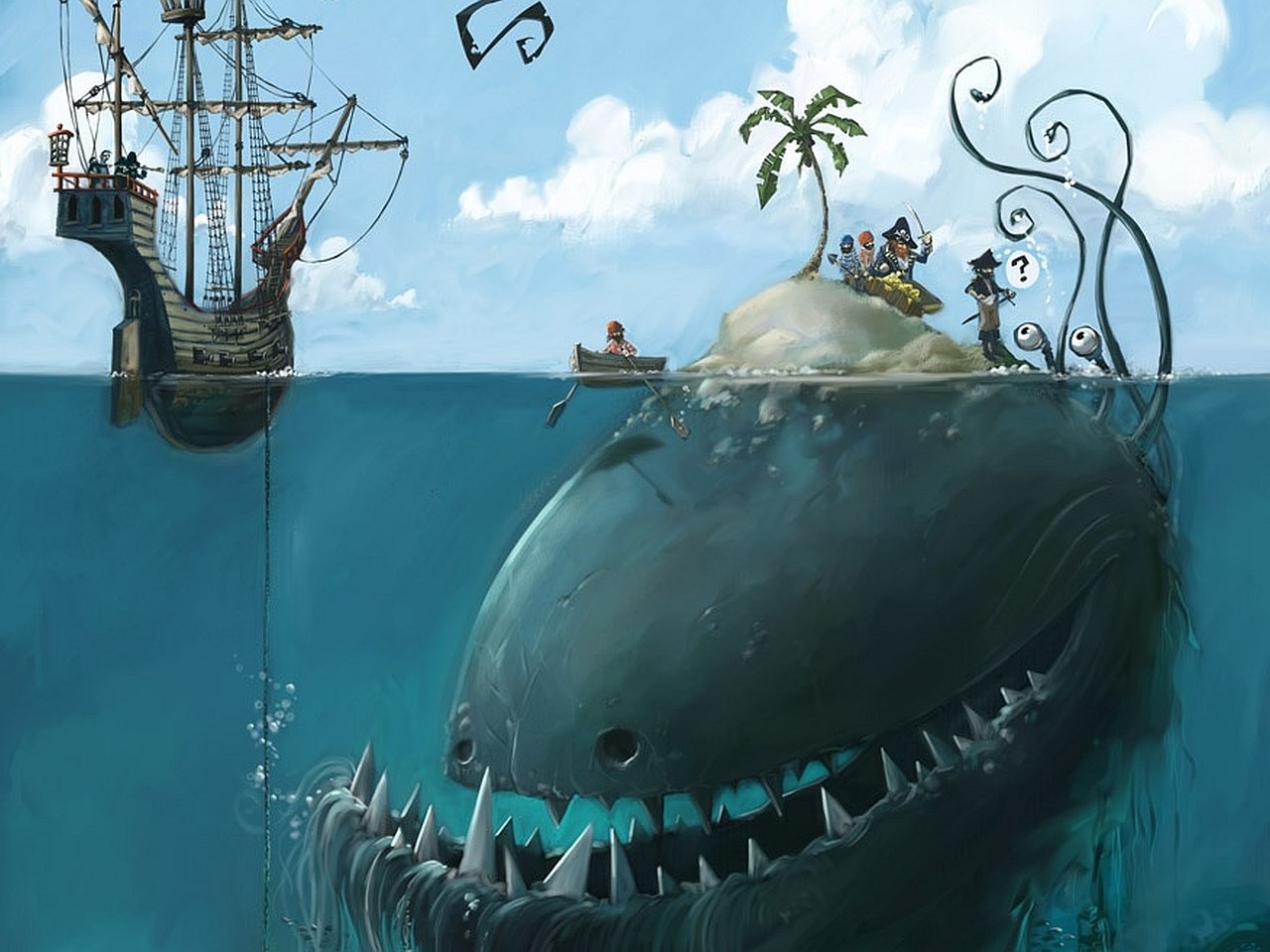 Pirates on an island facing a sea monster HD Wallpaper