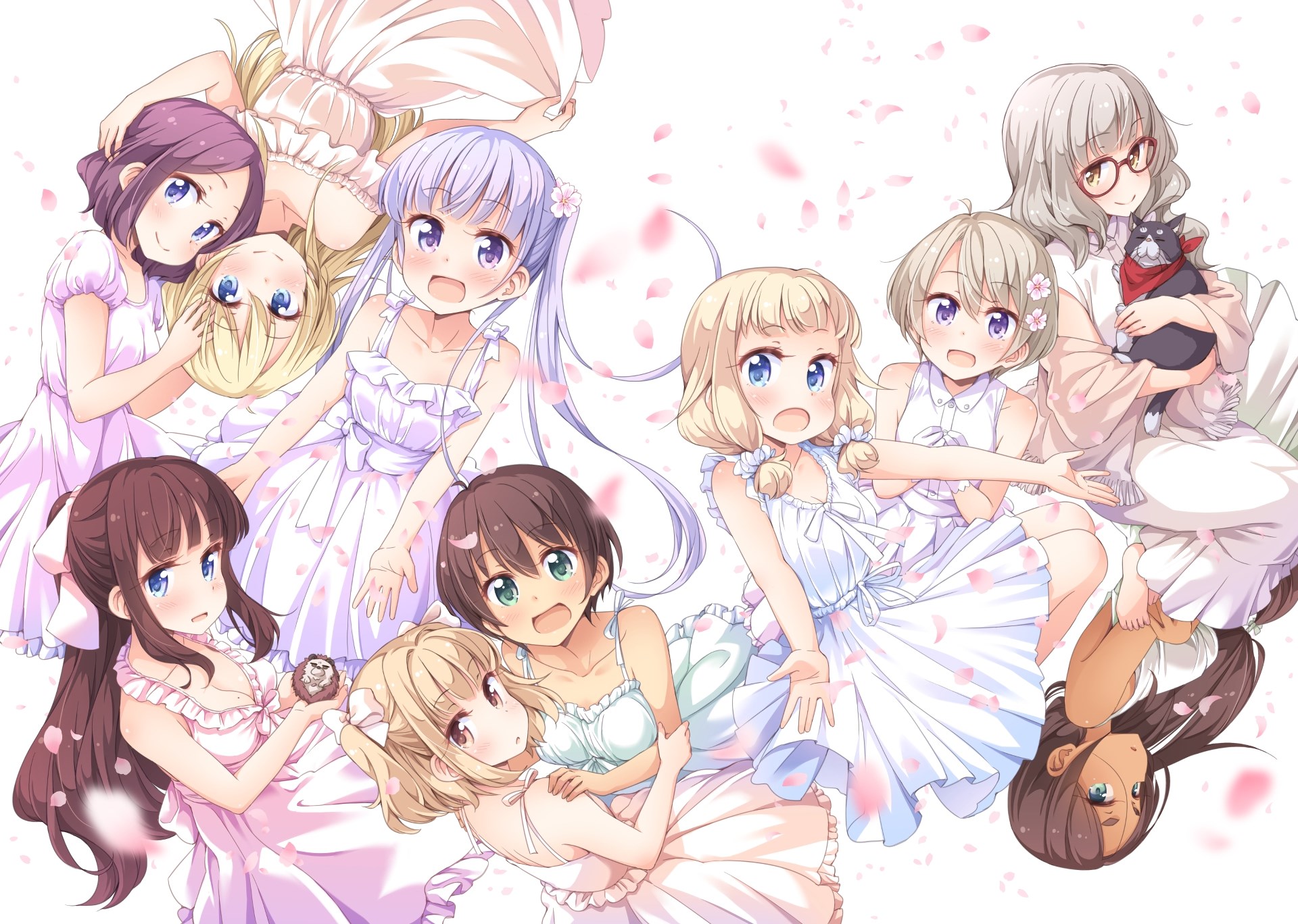 New Game! Characters in White Dresses with Flower Petals HD Wallpaper