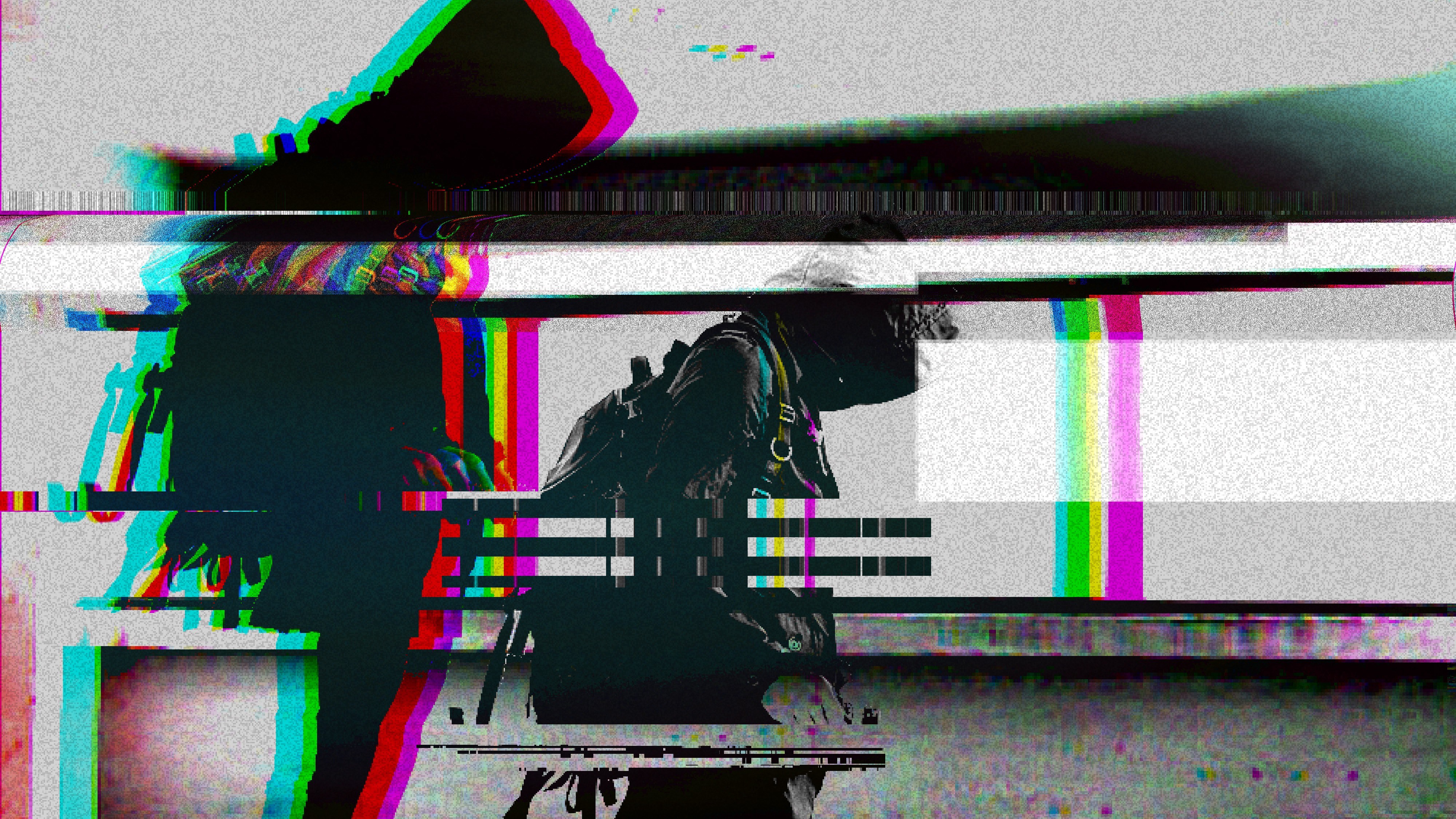 Person with backpack glitch effect HD Wallpaper