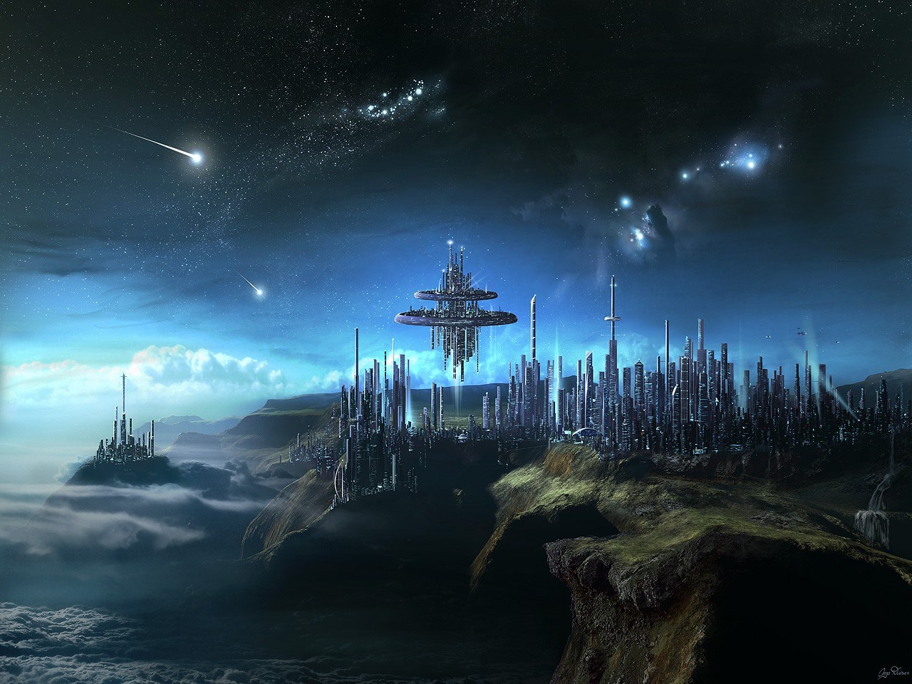 Futuristic city on a cliffside under a starry sky HD Wallpaper