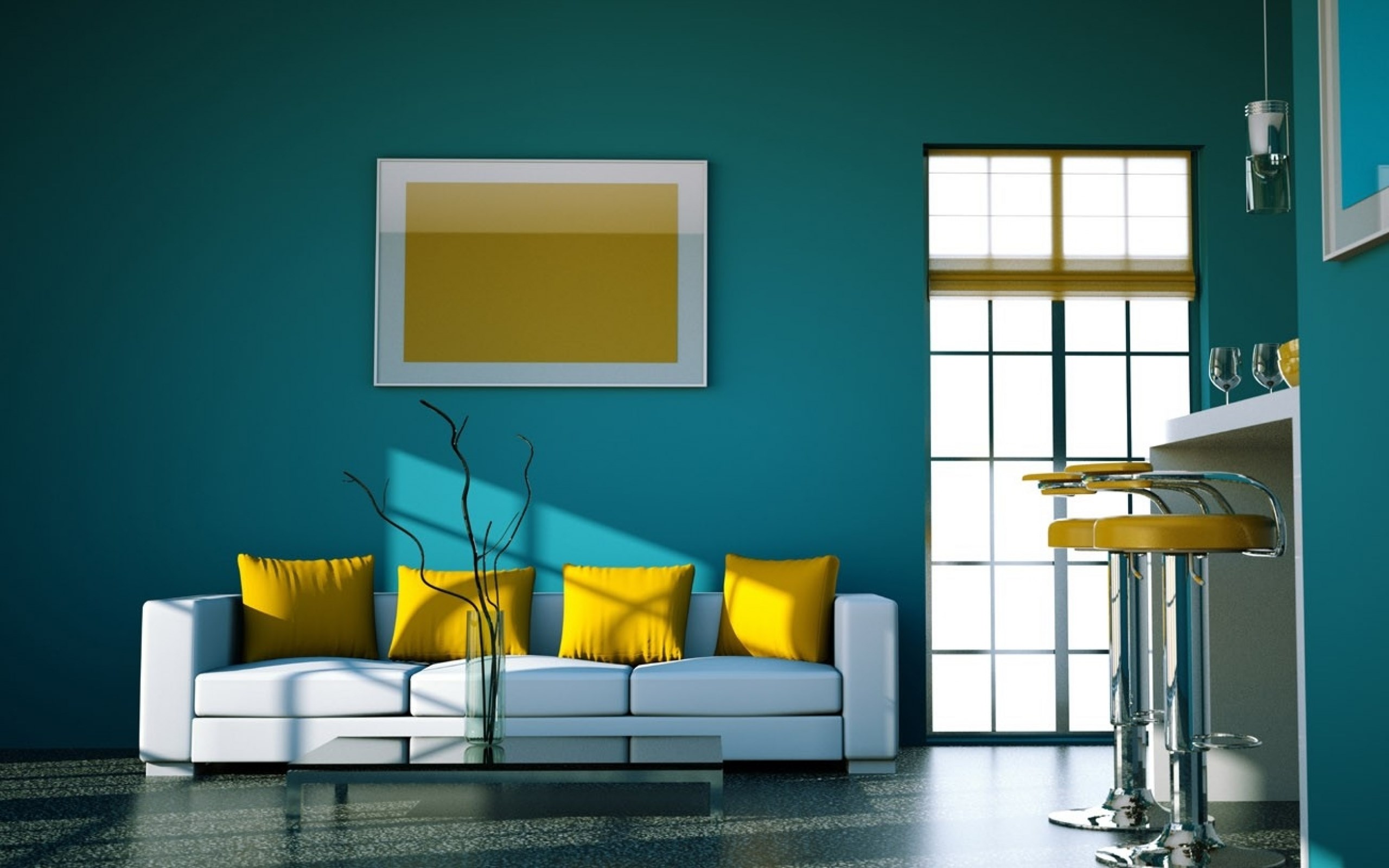 Modern living room with white sofa and bar stools HD Wallpaper
