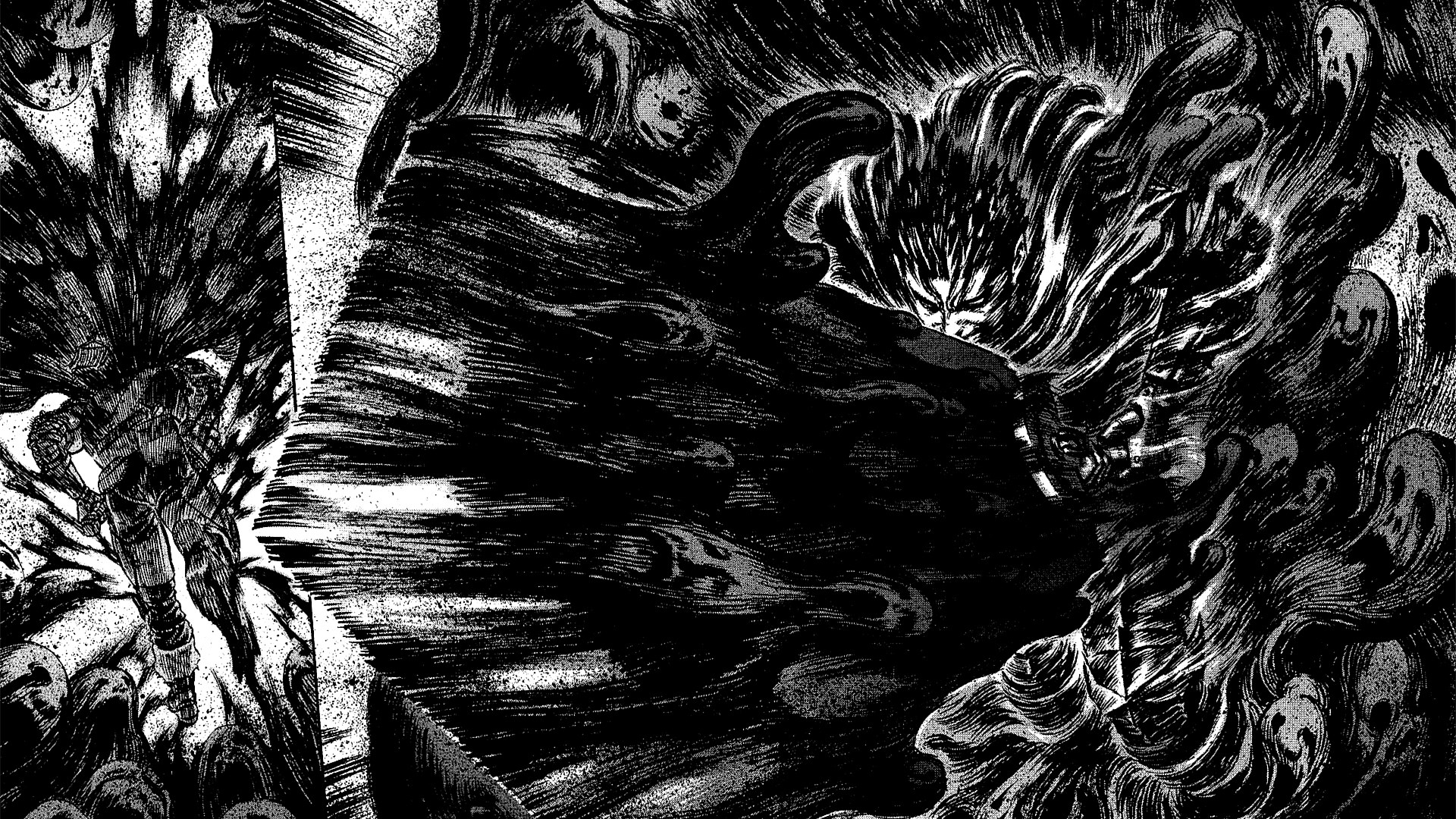 Guts from Berserk in a dark, chaotic scene HD Wallpaper