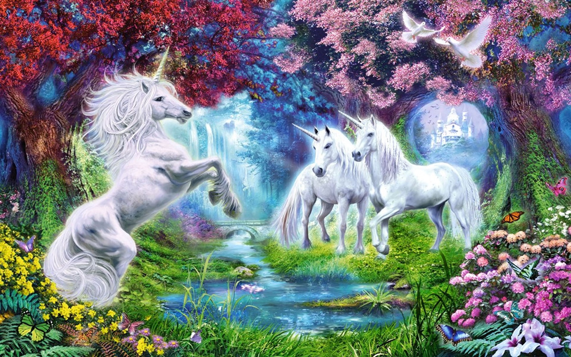 Unicorns in a magical forest with a castle HD Wallpaper