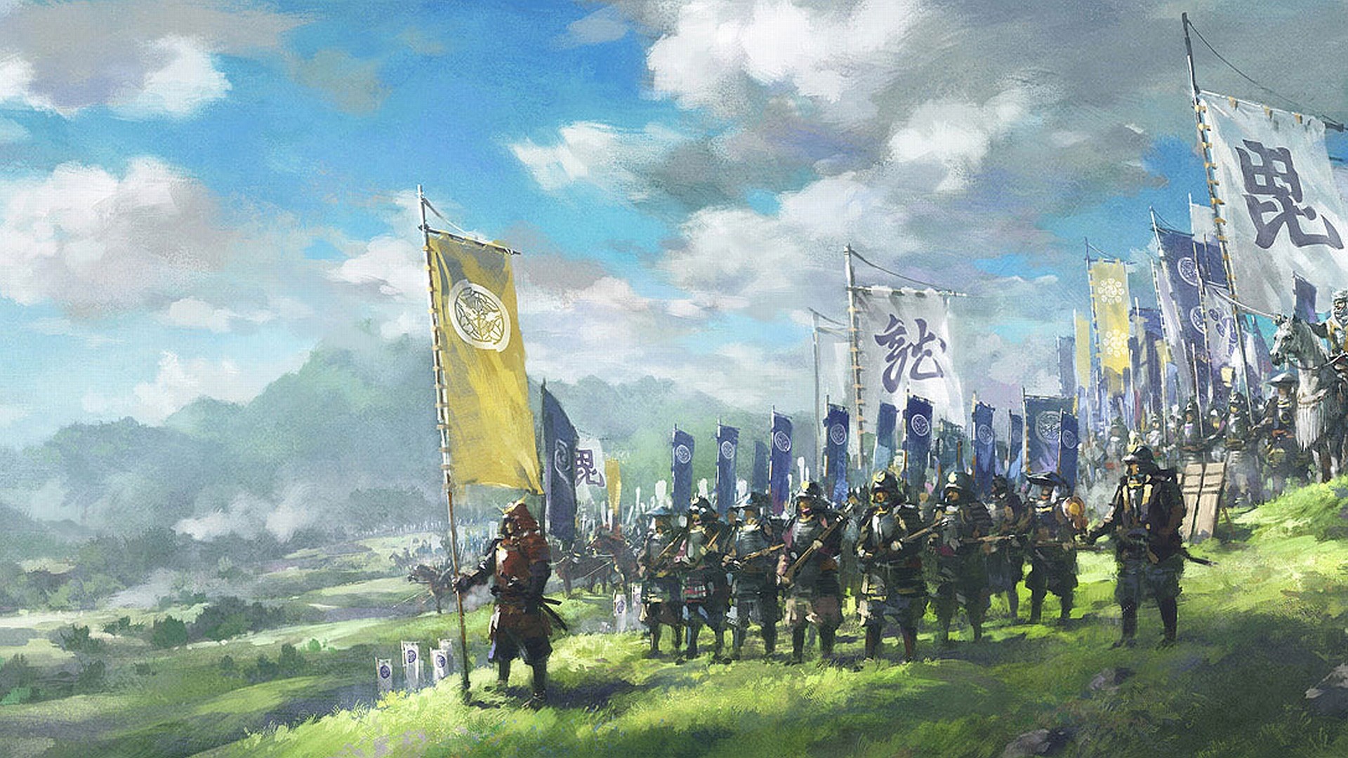 Samurai army with banners on a grassy hill HD Wallpaper