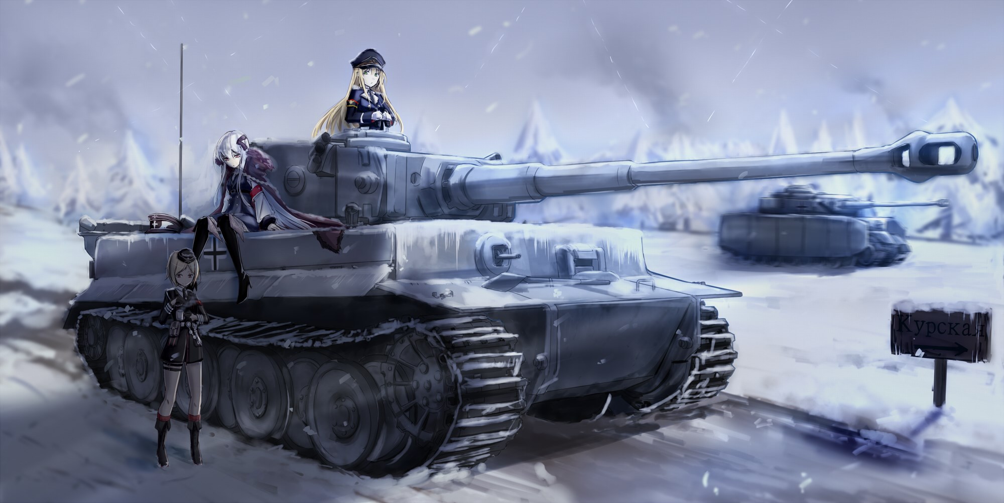 Girls Frontline characters on a Tiger tank in snow HD Wallpaper