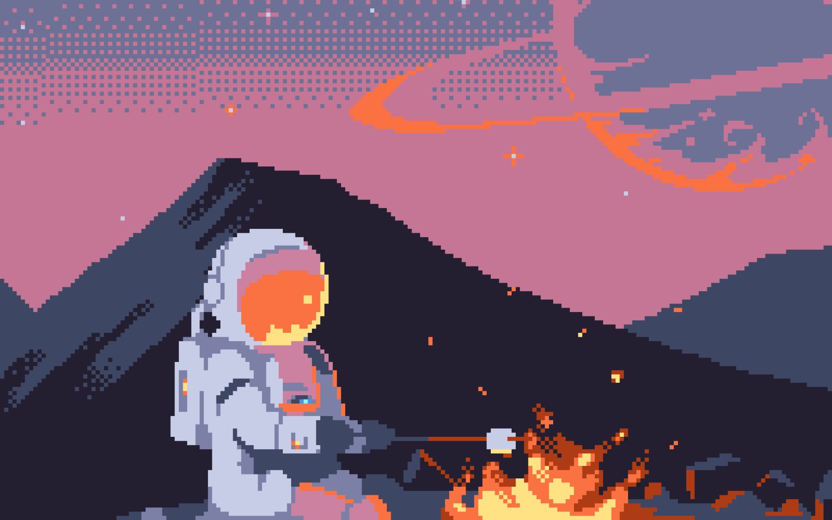 Astronaut roasting marshmallow by campfire on alien planet HD Wallpaper