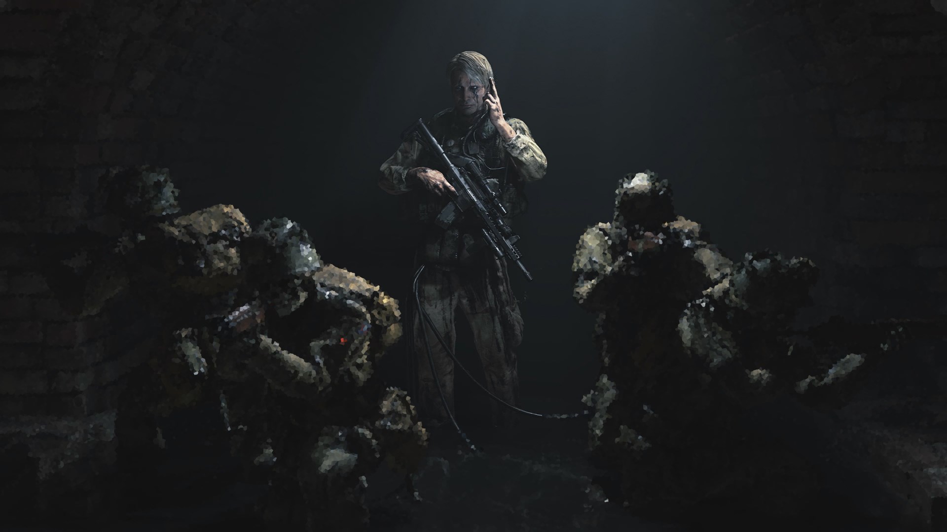 Soldiers in a dark environment, one on the phone HD Wallpaper
