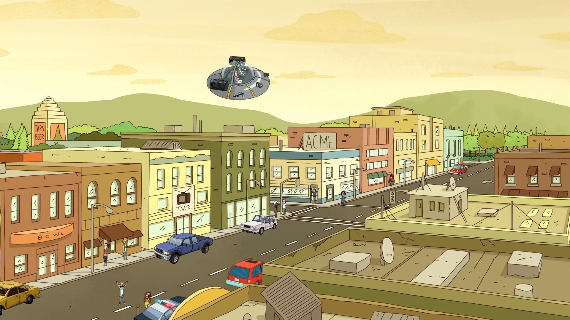 Rick and Morty UFO over town HD Wallpaper