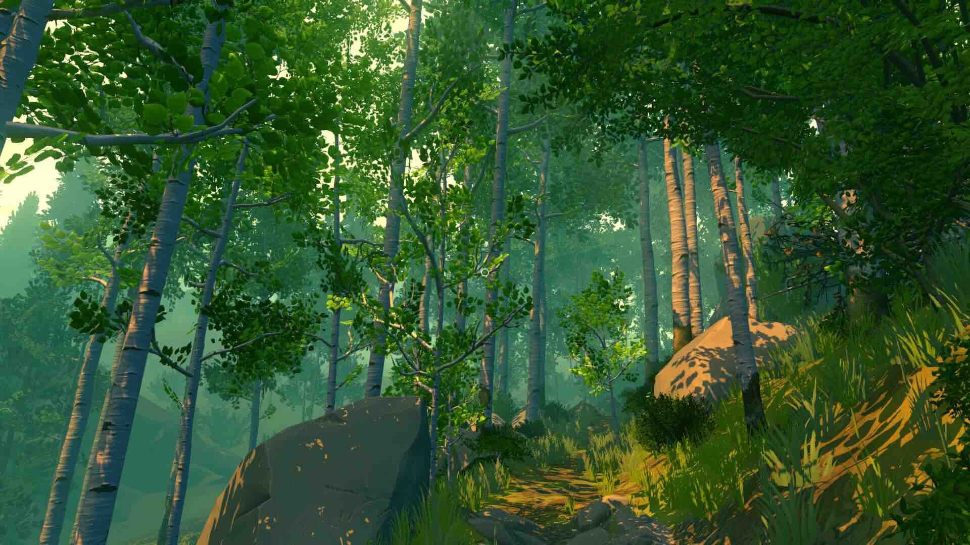 Firewatch forest path with trees and rocks HD Wallpaper