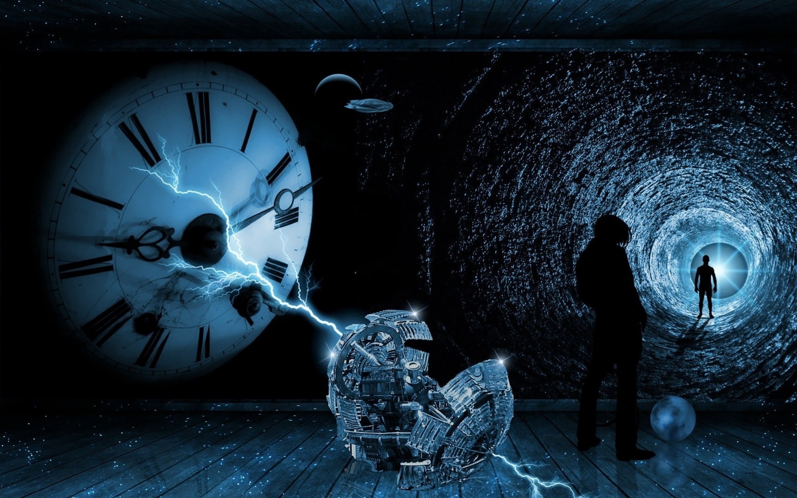Surreal time travel with clock and tunnel HD Wallpaper