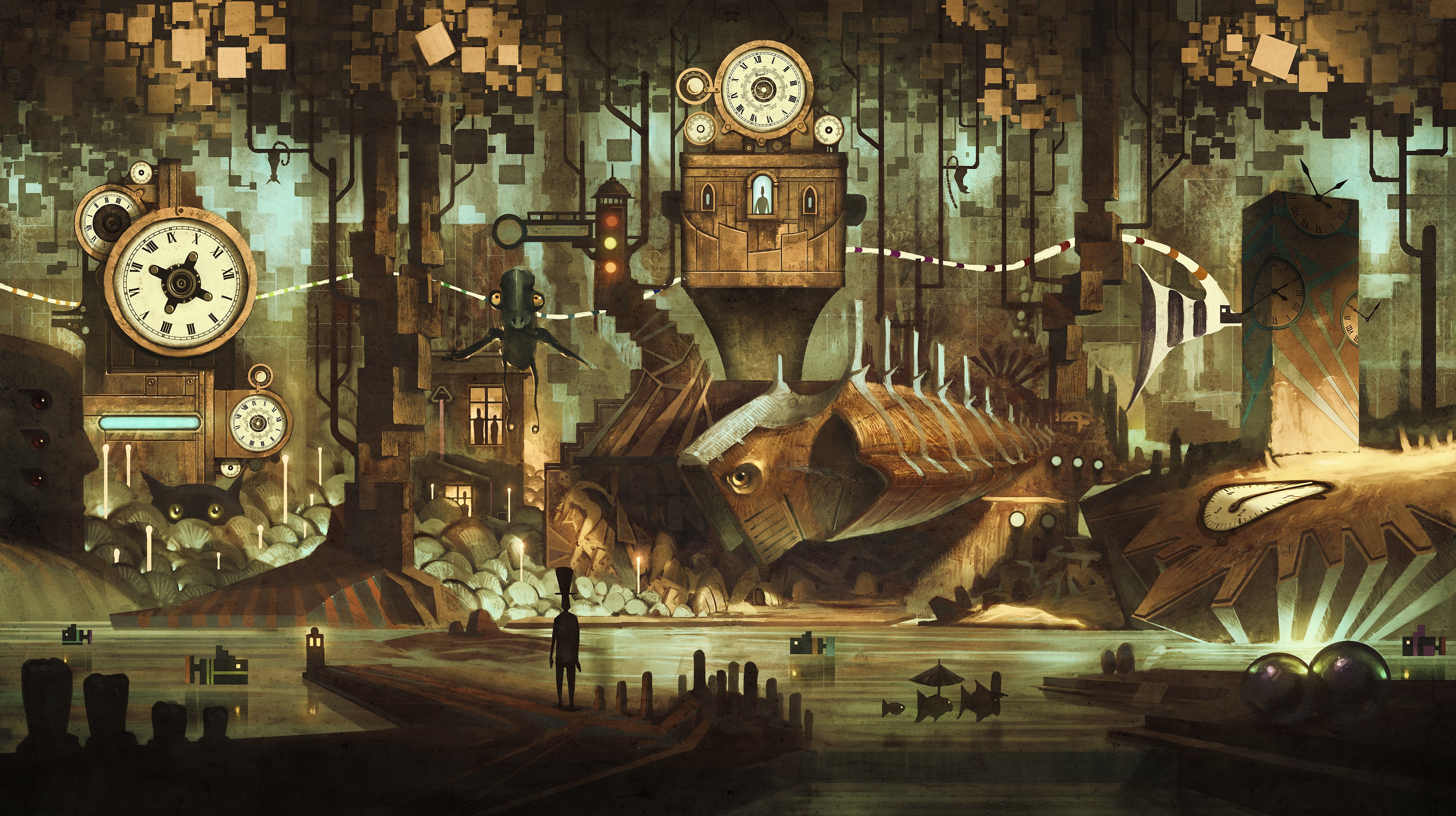 Steampunk city with clocks and a fish-shaped structure HD Wallpaper
