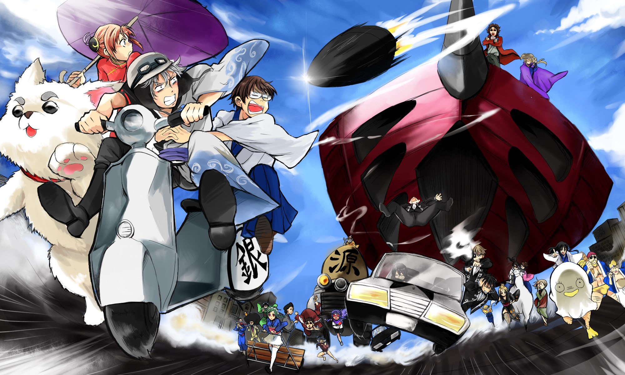 Gintama characters on a scooter and a giant robot HD Wallpaper