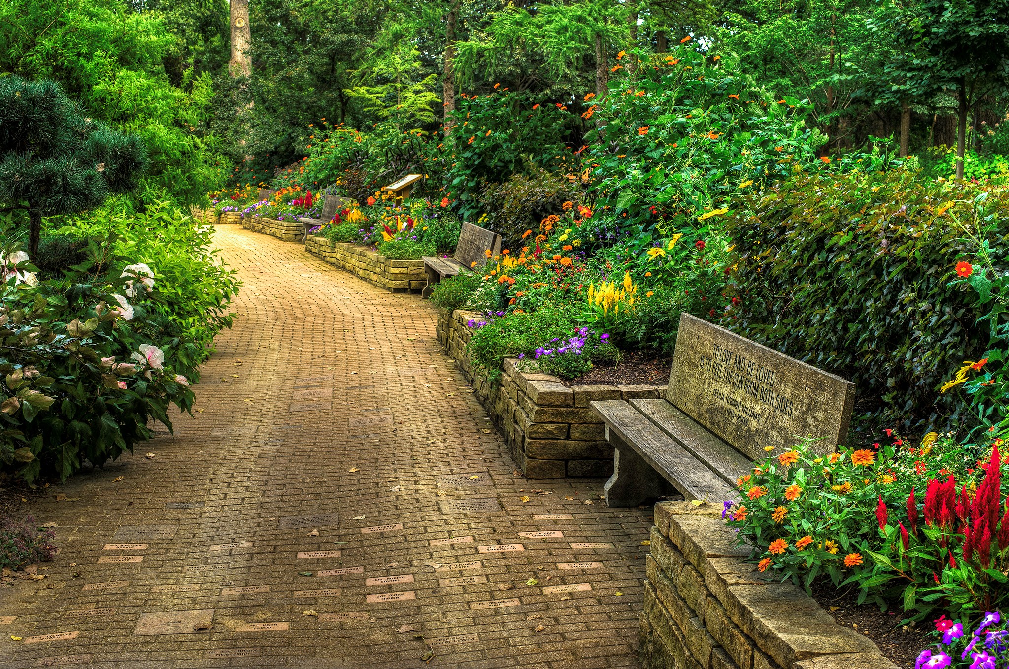 Brick pathway through a garden with benches HD Wallpaper