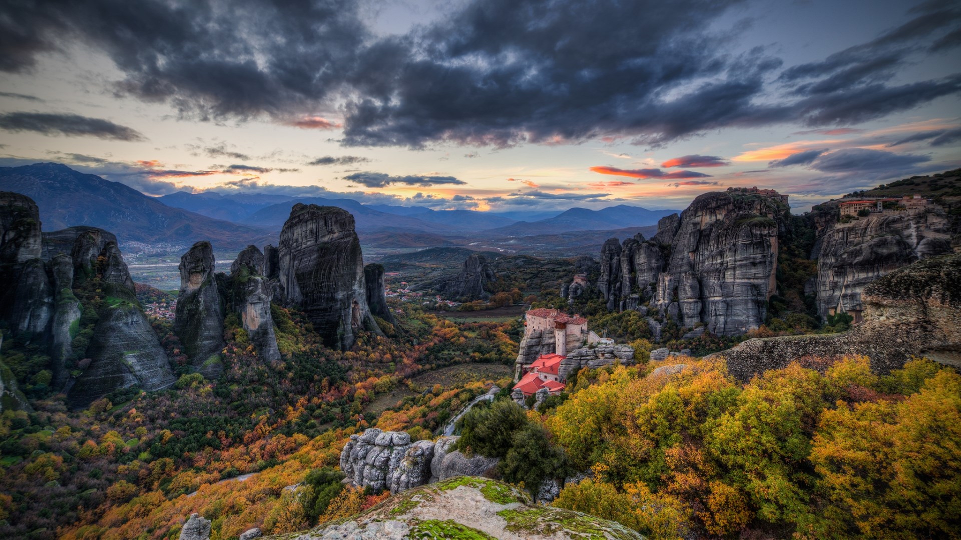 Meteora monasteries at sunset with autumn foliage HD Wallpaper