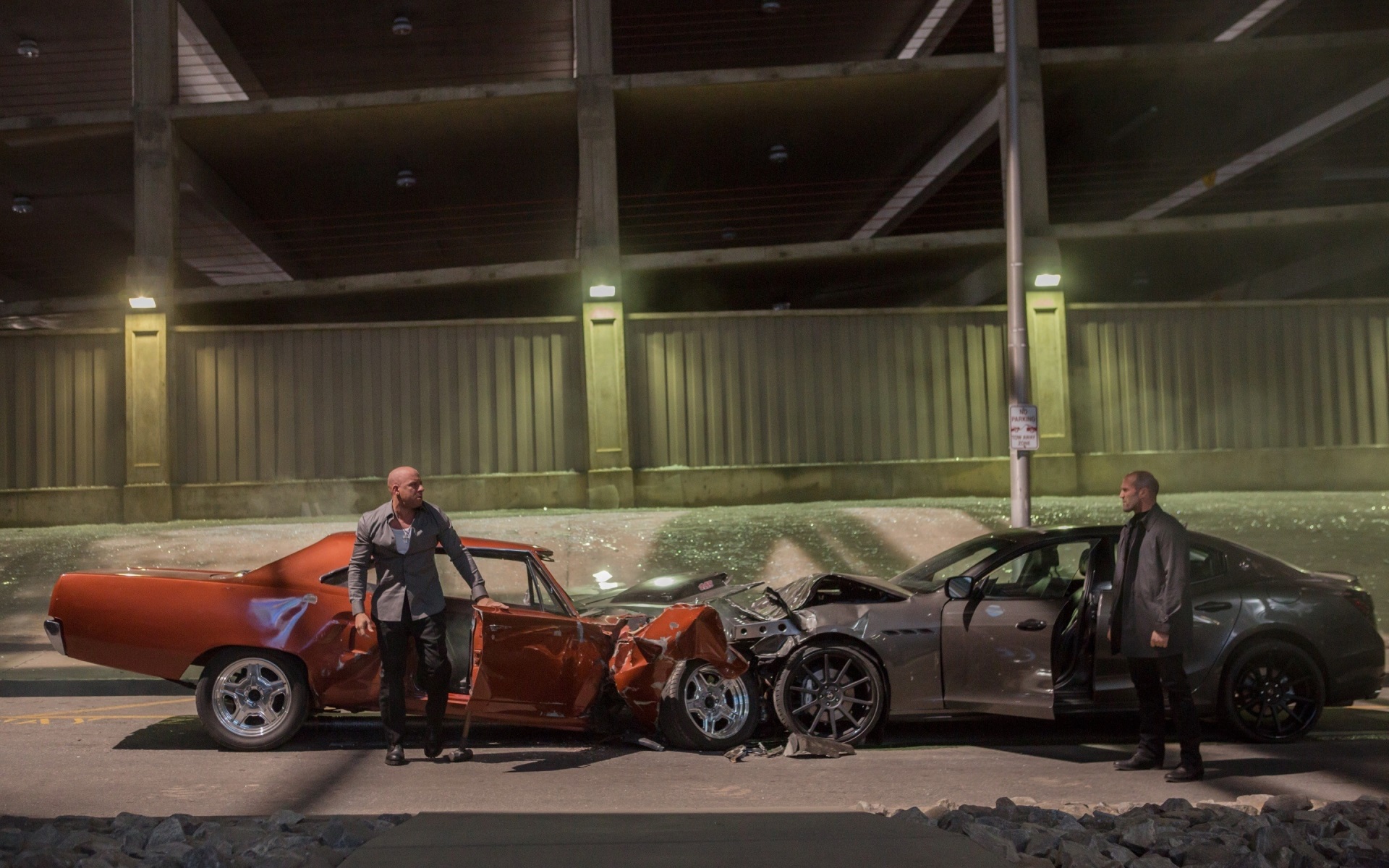 Fast & Furious characters with wrecked cars HD Wallpaper