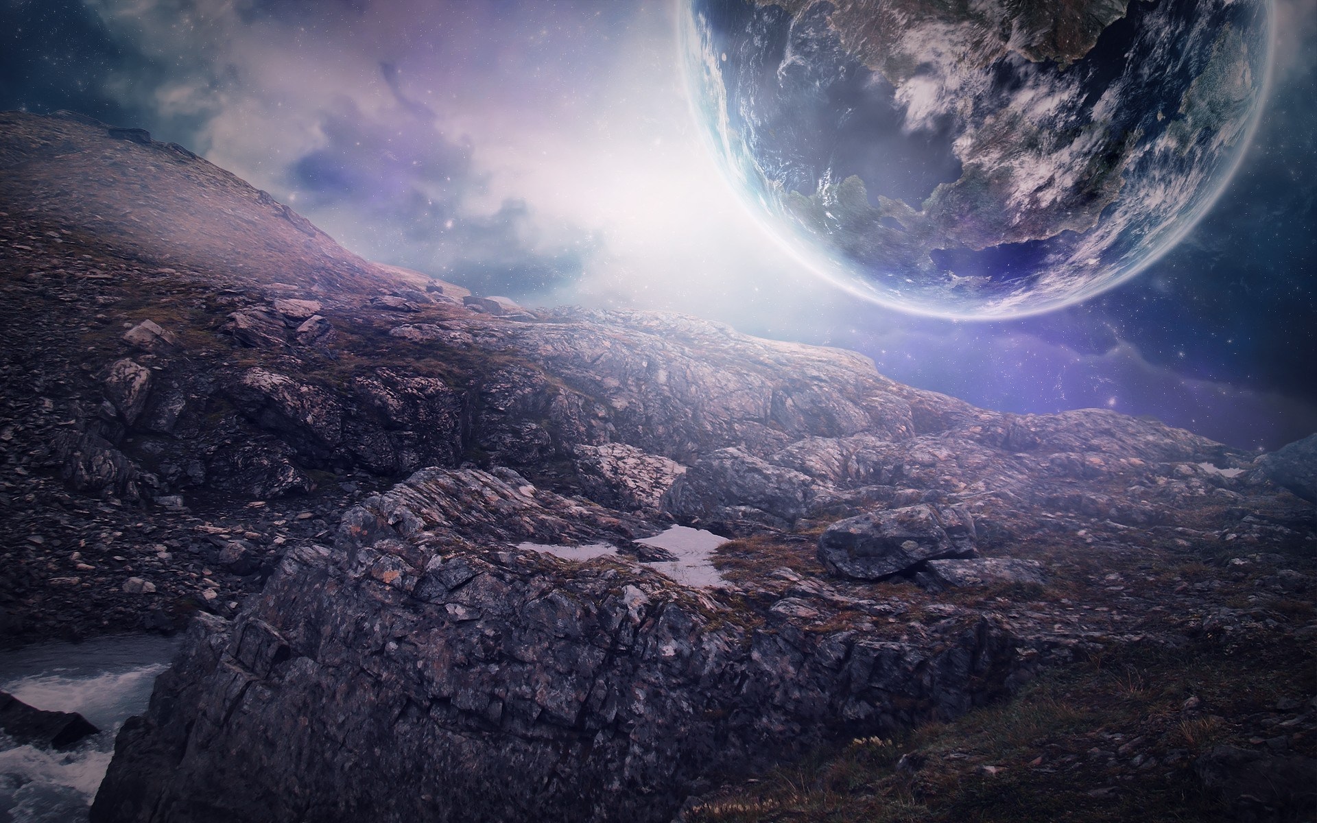 Sci-fi landscape with planet in the sky HD Wallpaper
