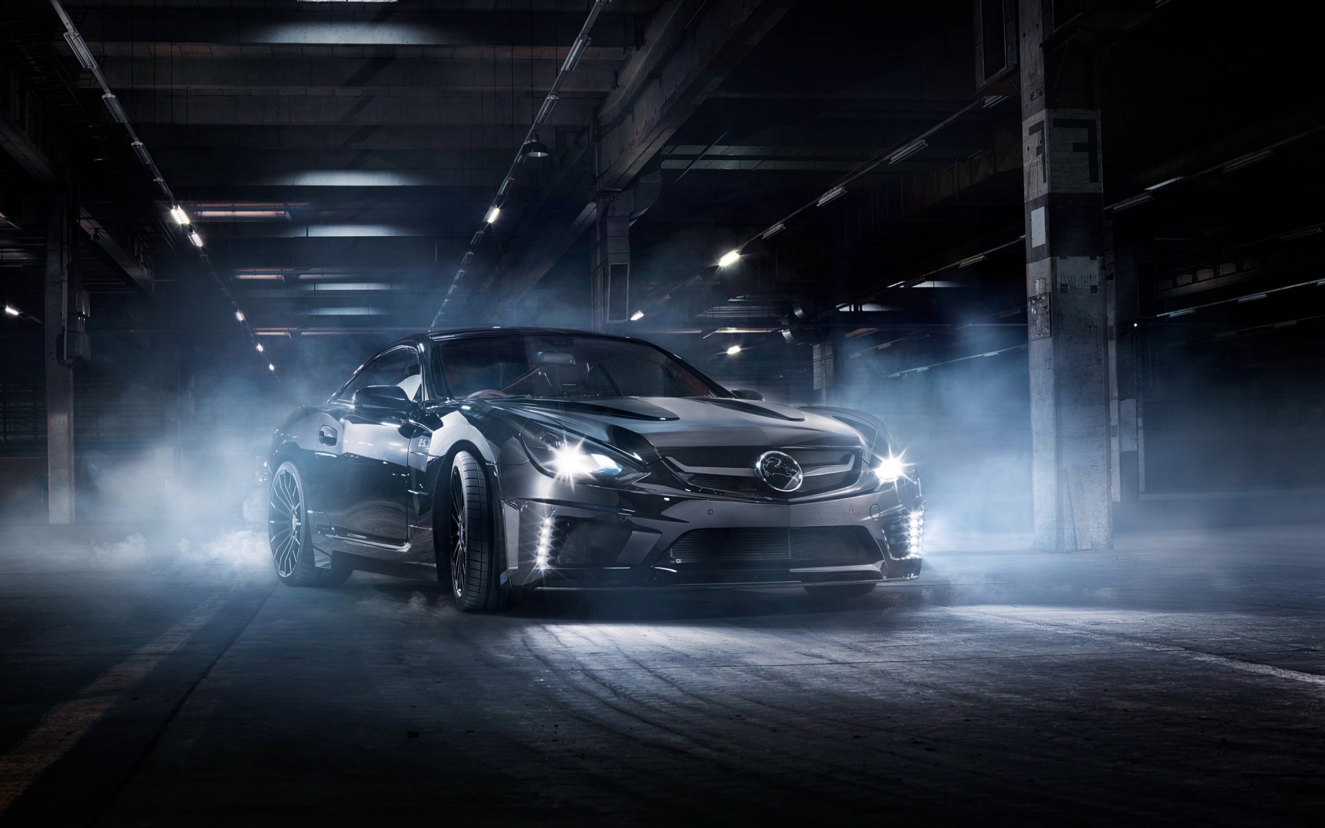 Mercedes-Benz SLK Black Sports Car in Smoke HD Wallpaper