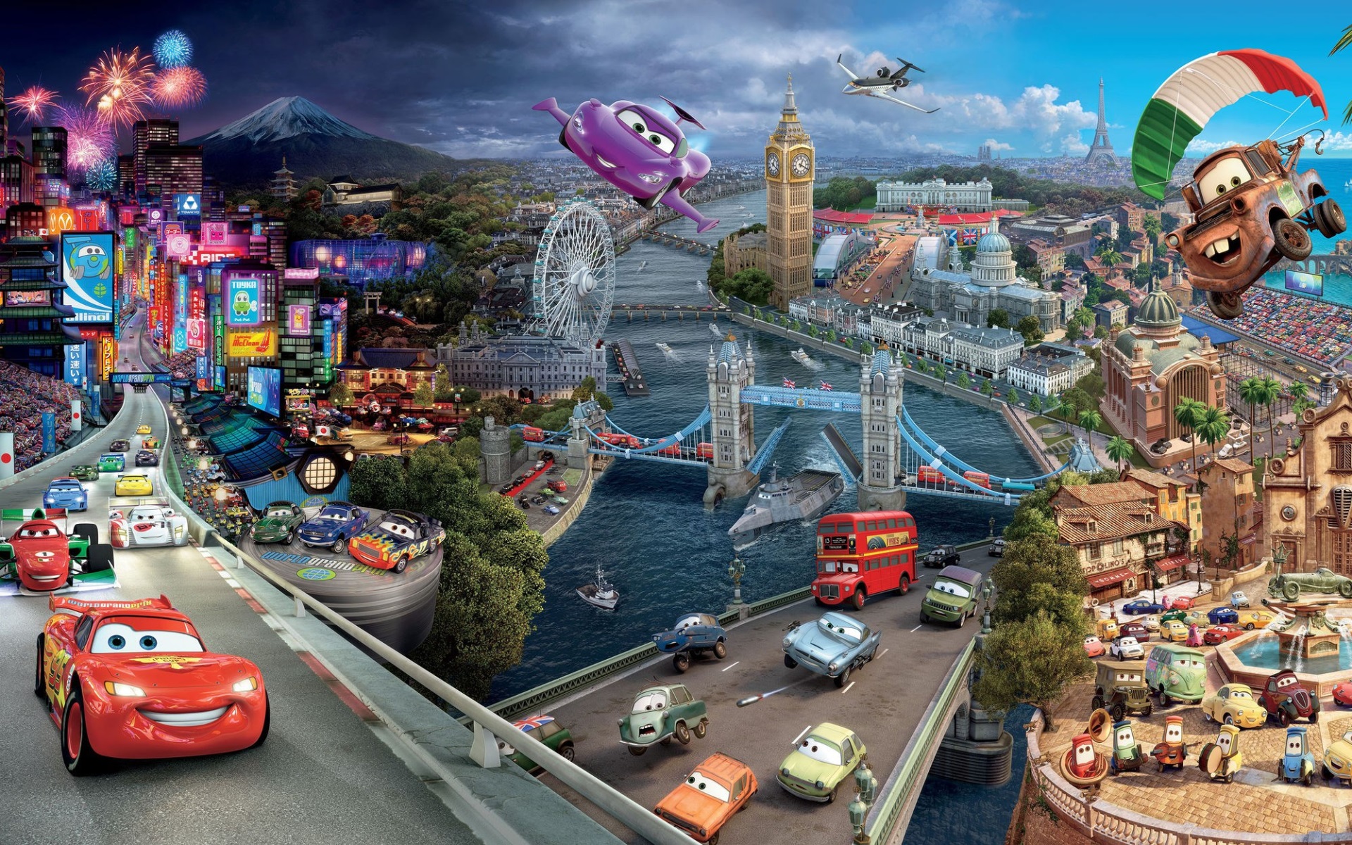 Cars characters in various global cities HD Wallpaper