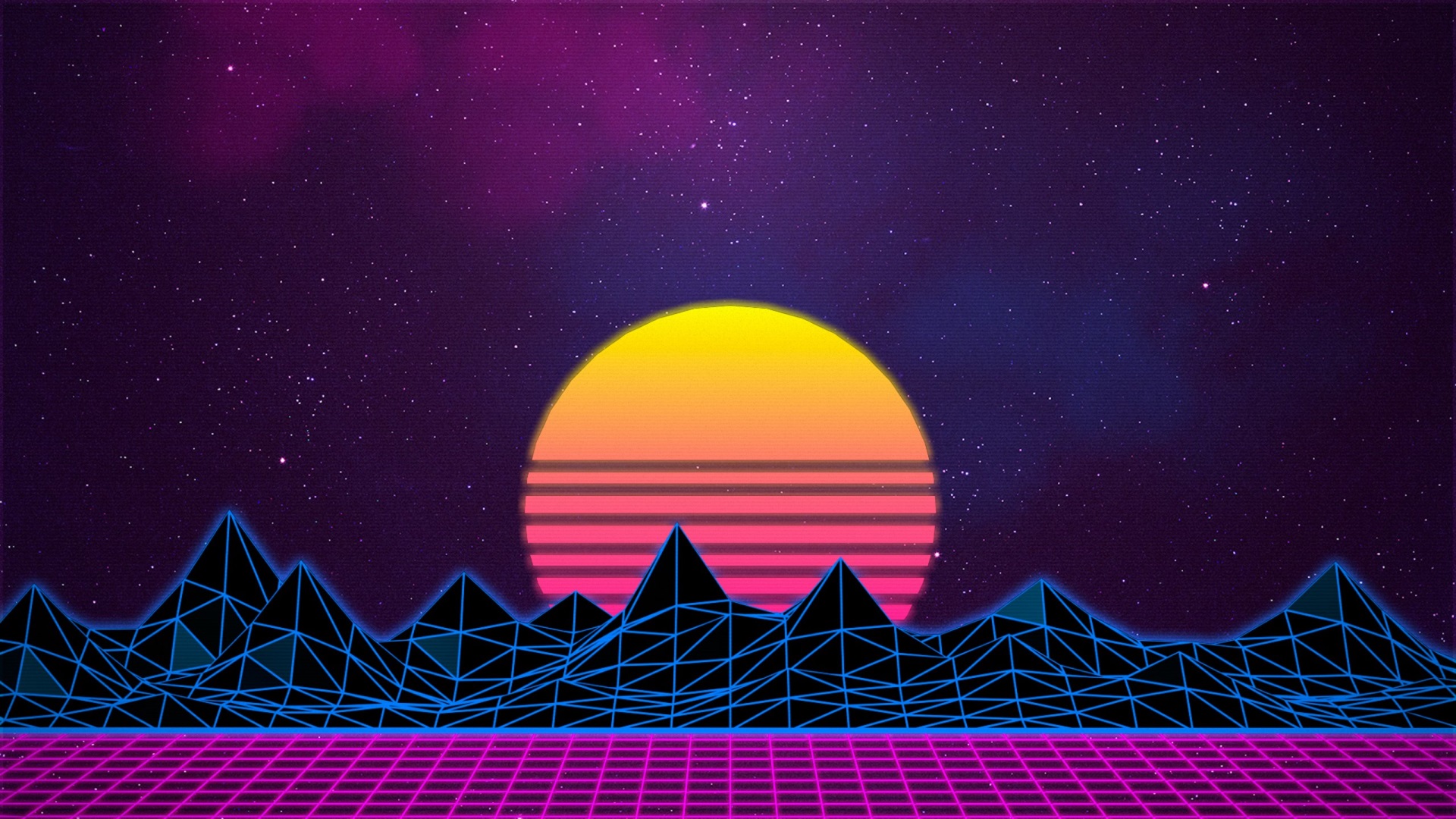 Retrowave sunset over digital mountains and grid landscape HD Wallpaper