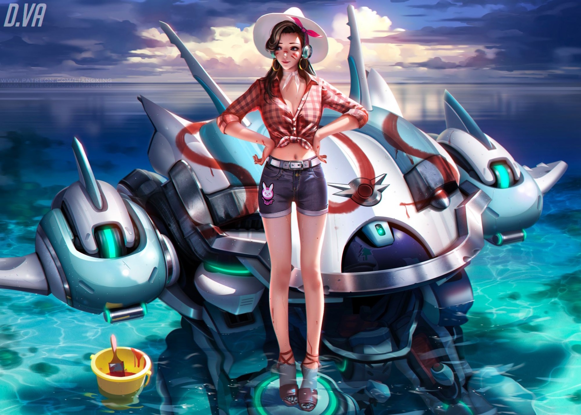 D.Va from Overwatch in a summer outfit with her mech HD Wallpaper