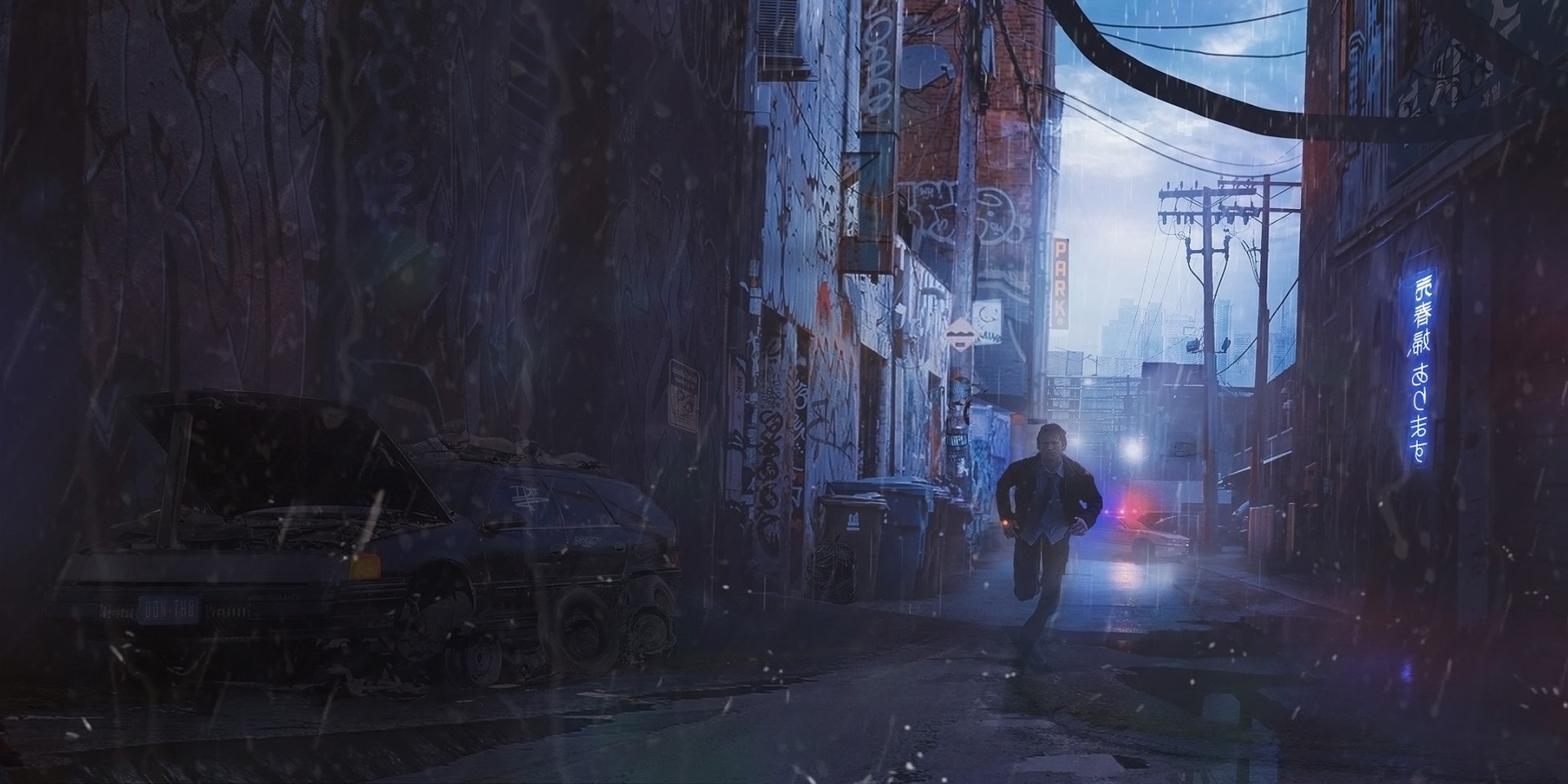 Man running down a rainy sci-fi alleyway HD Wallpaper